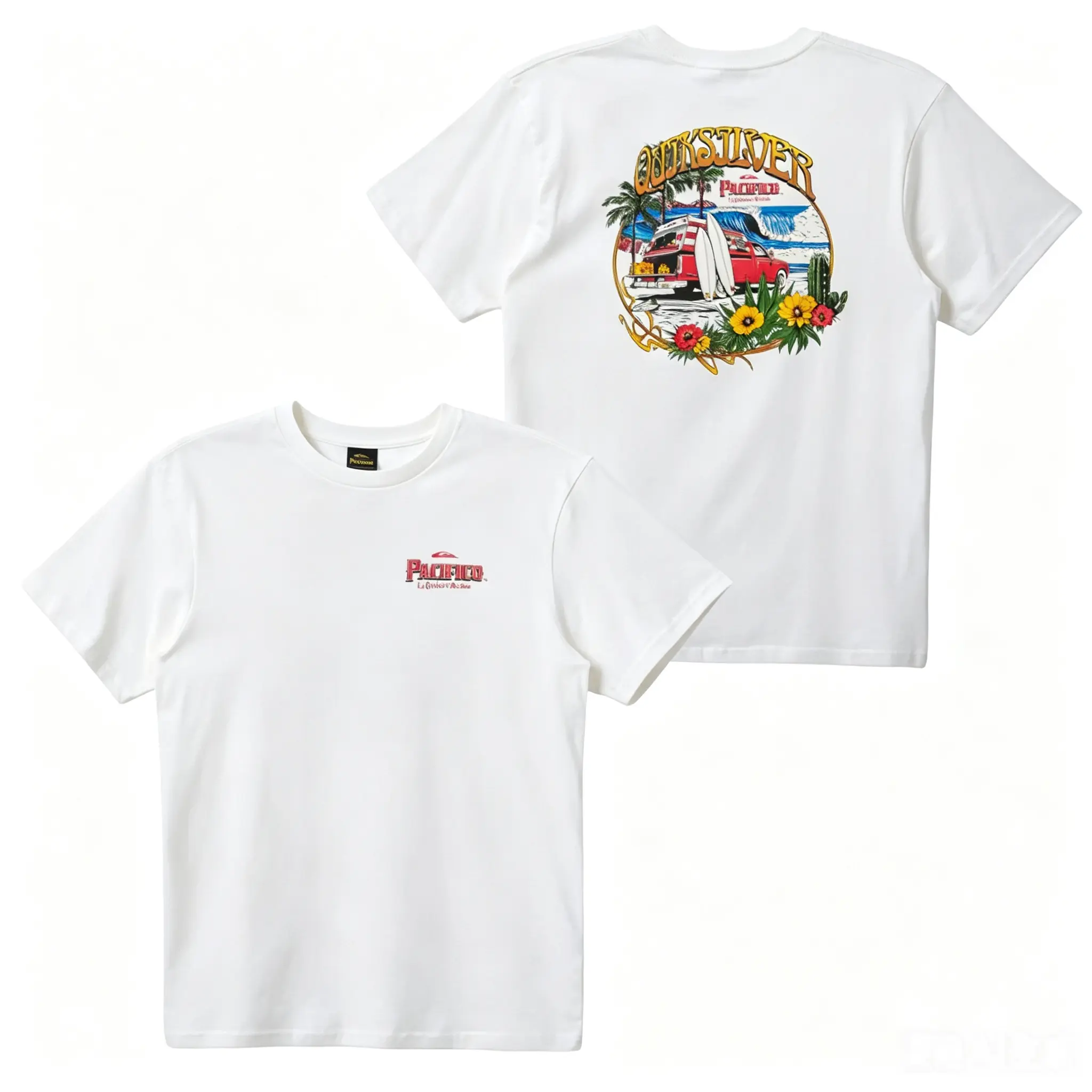 Quiksilver Pacifico Short-Sleeve Graphic T-Shirt - Stylish Casual Unisex Top with Vintage Surf Van & Tropical Beach Prints on Back, Soft Cotton Fabric, Ideal for Summer Sports & Outdoor Use, Shortsleeve, Round Neck, 100% Cotton, Fitted Cut