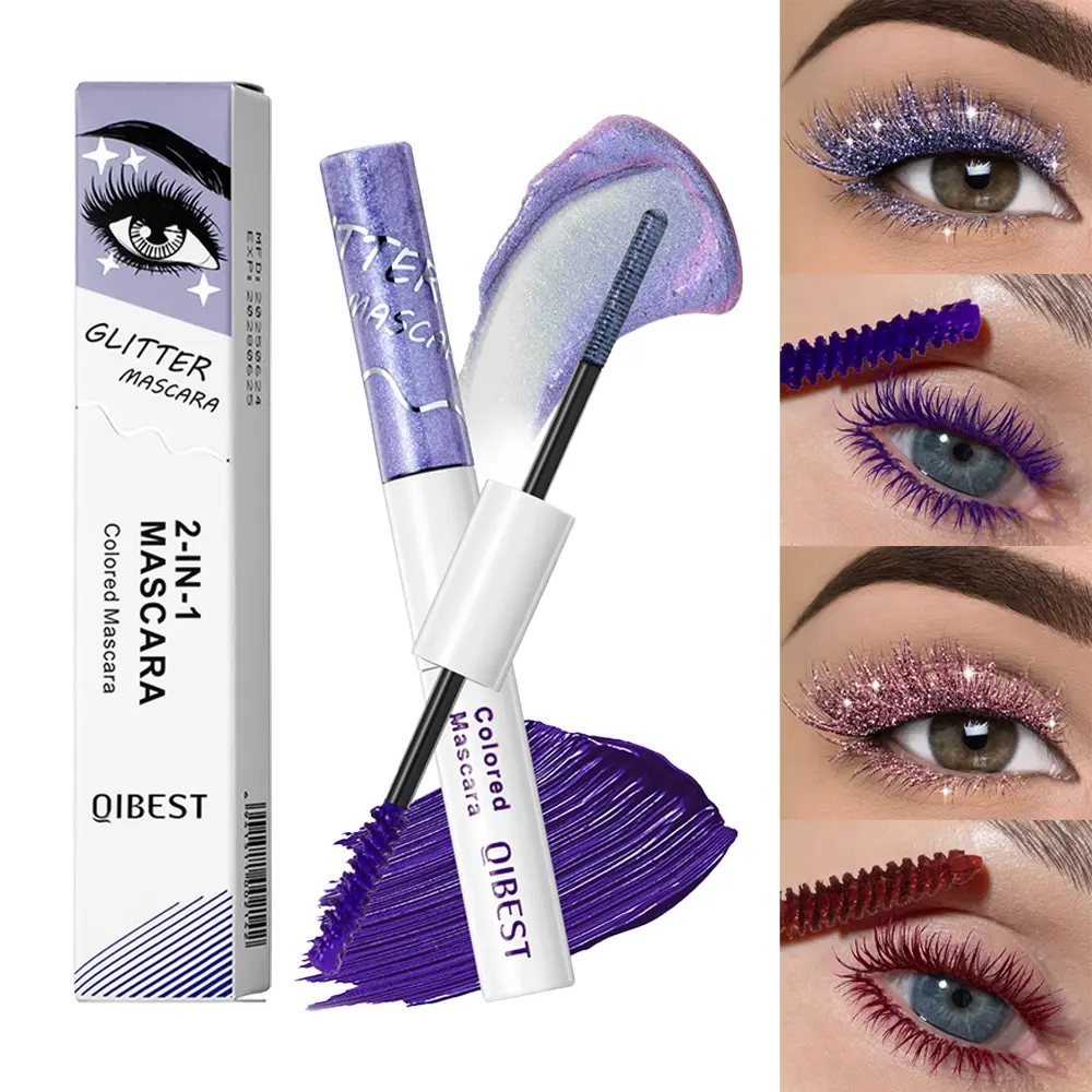 Dual-Ended 2 in 1 Mascara, Glitter Shimmer & Colored Mascara, Waterproof Lengthening Curling Eyelash Makeup, Colorful Eye Cosmetics for Halloween Party Cosplay