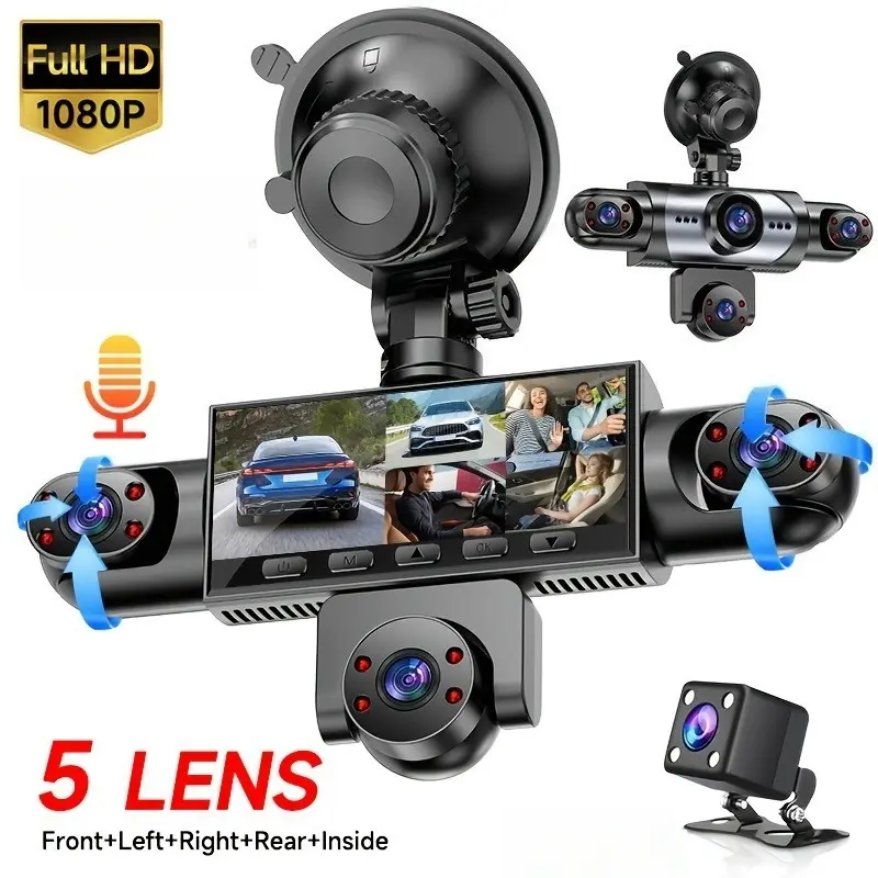 Dash Cam 5 Lens 1080P Full  360 Degree Comprehensive Coverage 5 Channel  Camera Front Rear Left Right Inner View  Screen Reverse Image Loop Recording Parking Monitor Wide Angle 64GB Storage Vehicle Installed Not Rechargeable  Power sohochic
