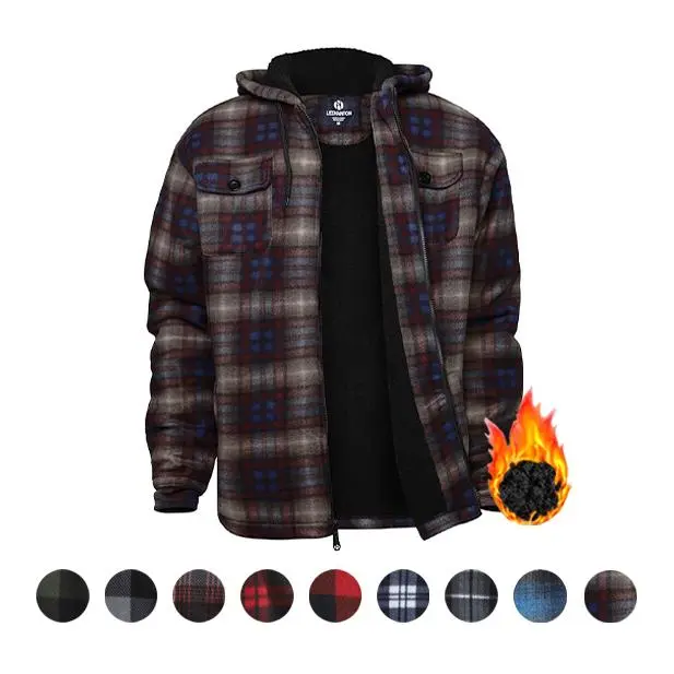 Men's Heavy Thick Flannel Checked Zip-Up Hoodie - Sherpa Fleece Lined, Athletic Fit, Winter Warm Polyester Sweatshirt Coat, Long Sleeve Casual Buffalo Plaid Top, Zipper Closure