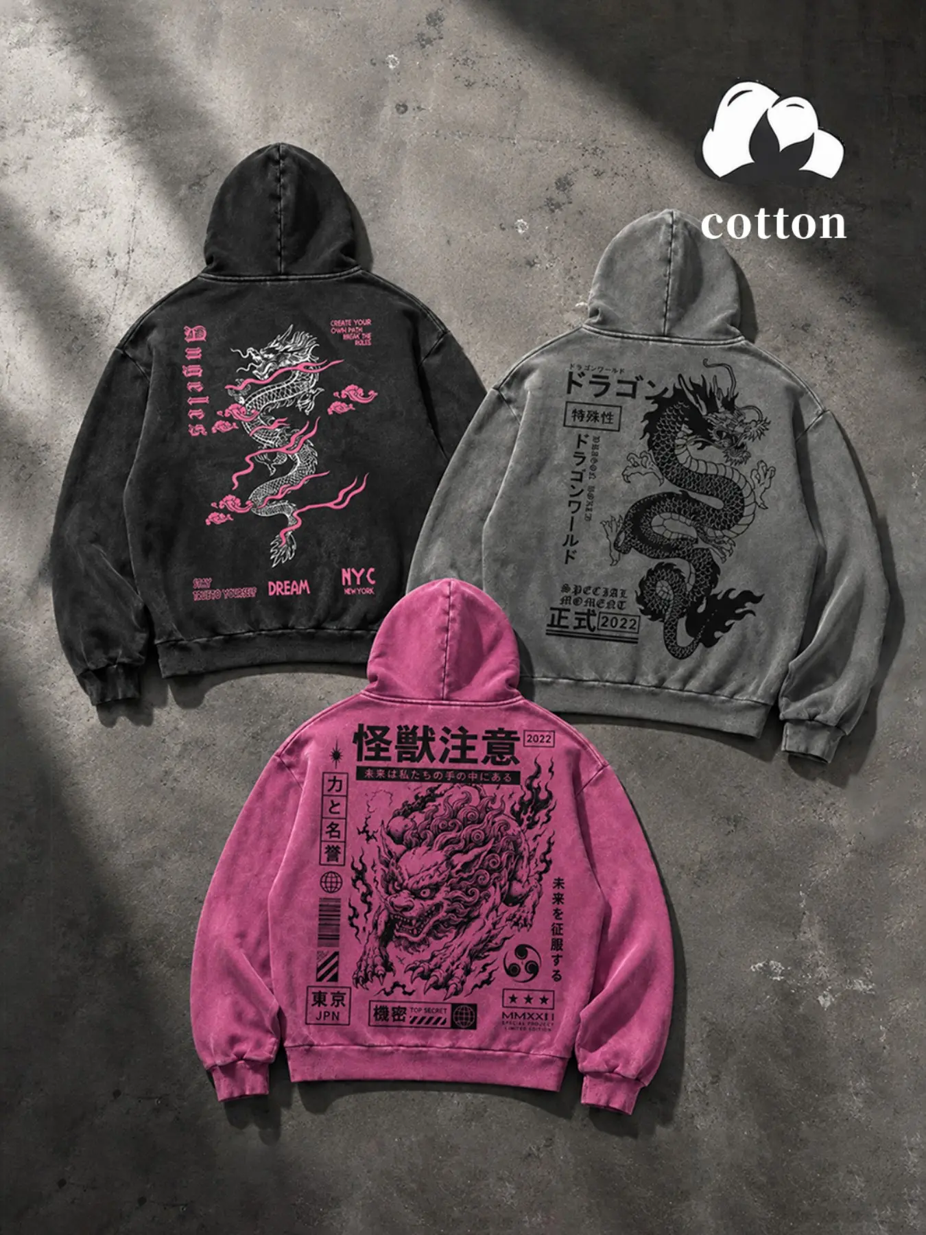 Vintage Washed Asian Dragon Lion Graphic Hoodie, Japanese Kanji Back Print Drawstring Pullover, Multiple Styles East Streetwear Loose Fit Hooded Sweatshirt With Kangaroo Pocket, Harajuku Fashion Casual Top For Men All Season Trendy Outfits
