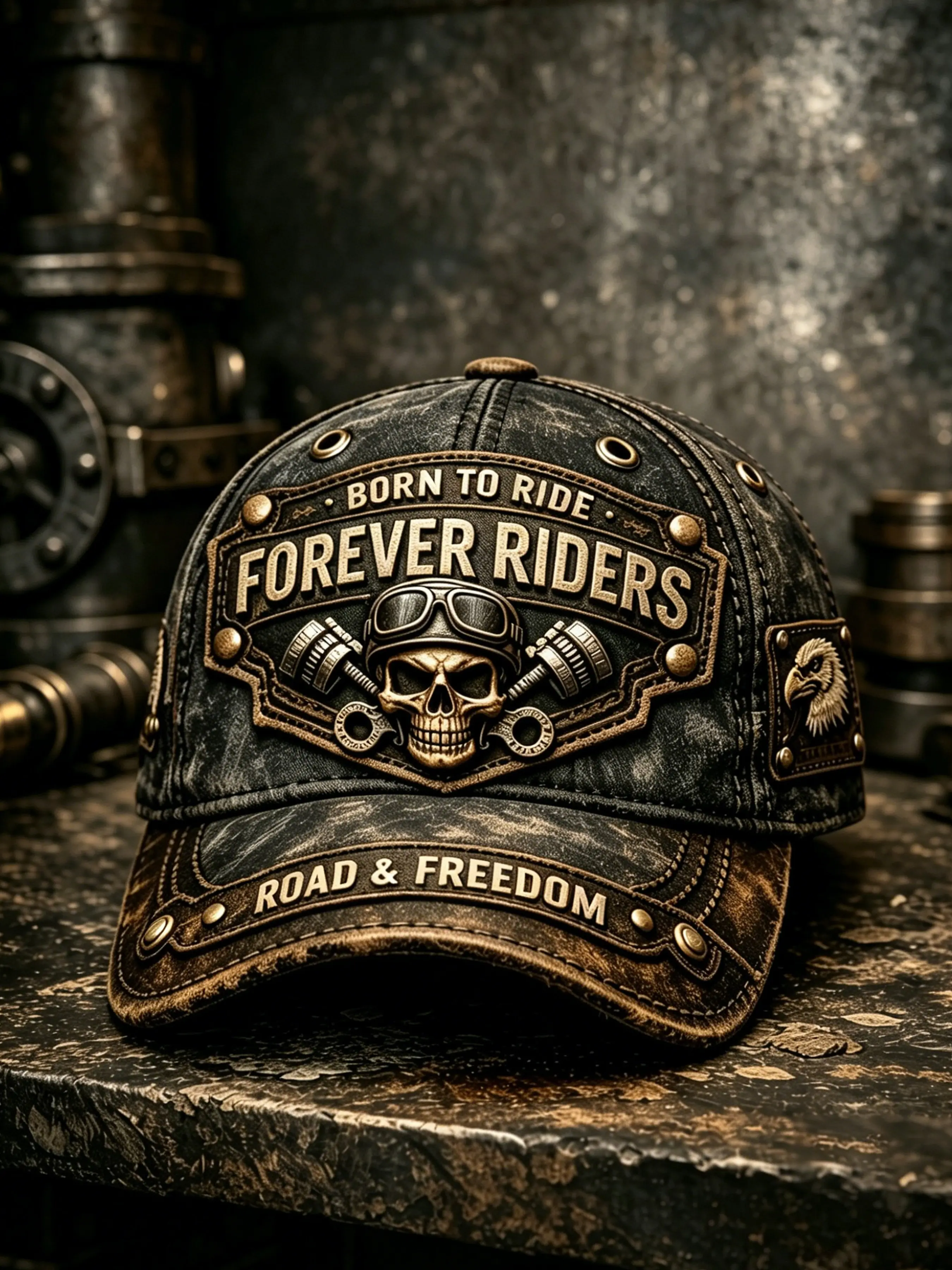Vintage Washed Motorcycle Skull Baseball Hat, Borntoride 2D Print, Adjustable Sun Hat for Men, Outdoor Biker Hip Hop Style