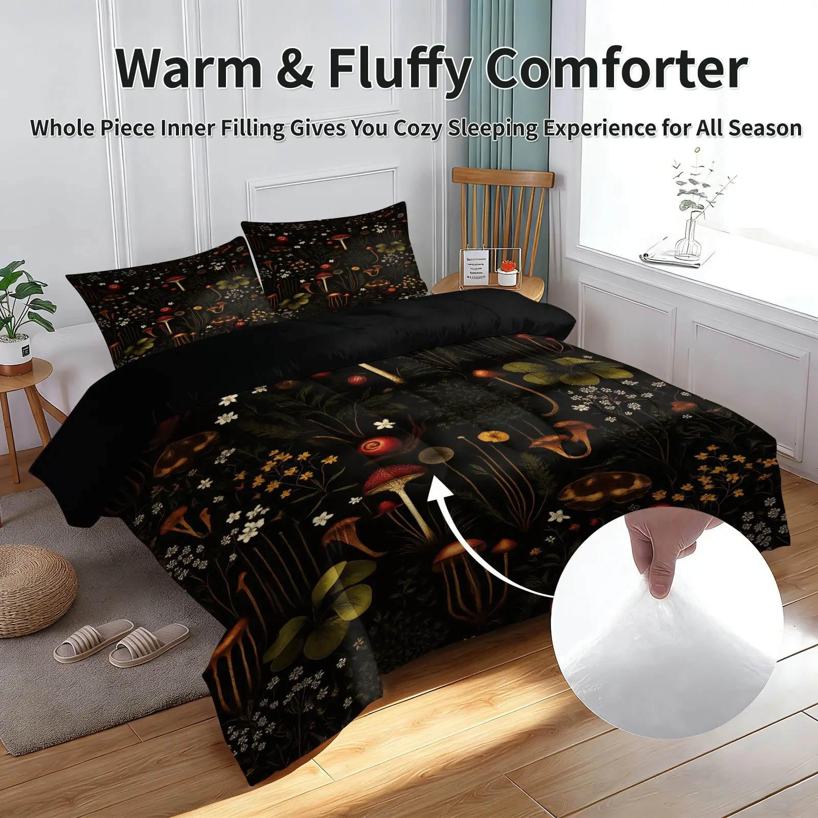 Vintage Mushroom Comforter Set Dark Cottagecore Forest Botanical Bedding Set for Women Girls Bedroom Decor Full/Queen Bed Sets Soft Quilt All Season with 1 Comforter+ 1-2 Pillowcases