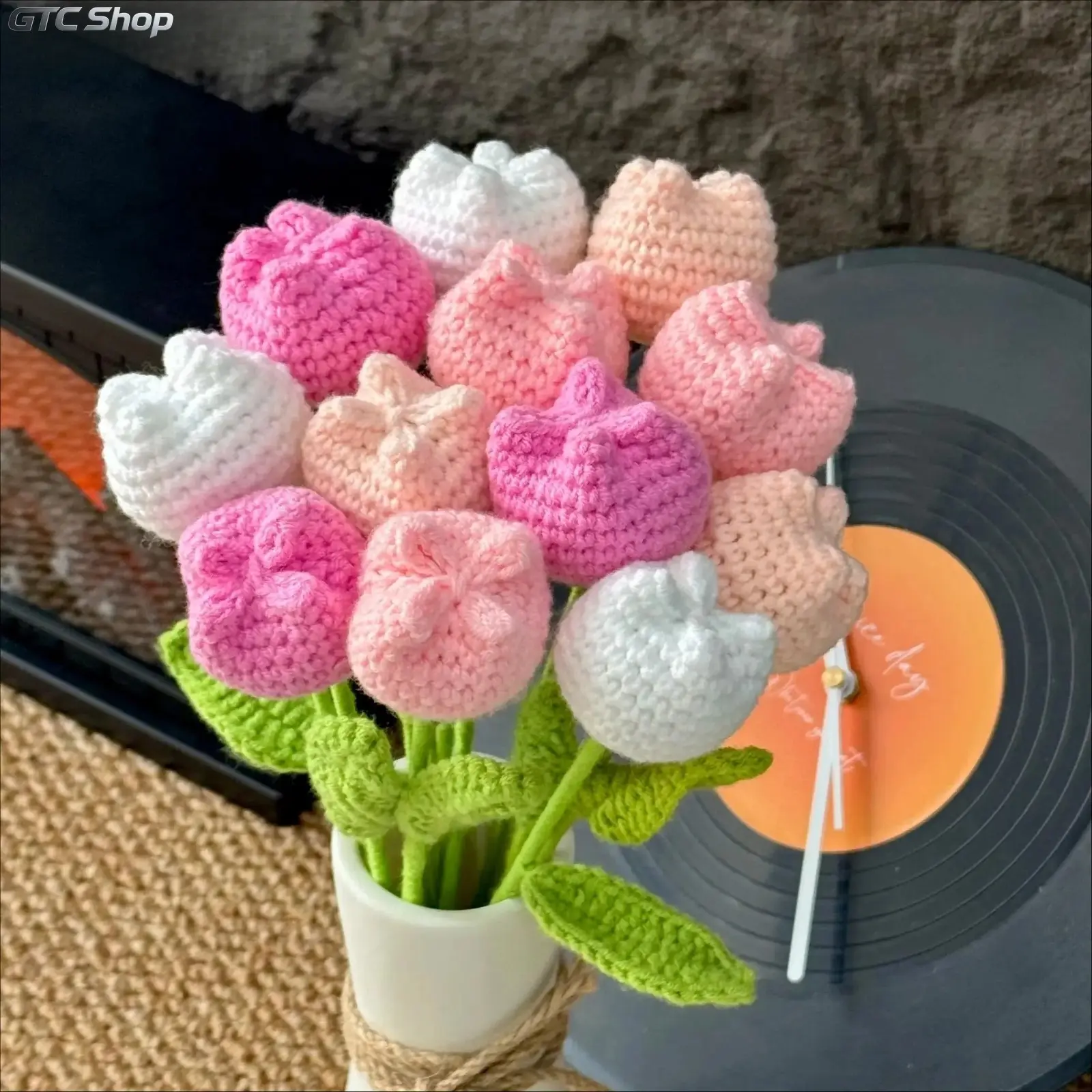 12-Pcs Handmade Crochet Tulip Flower Set, Vase-Free Artificial Bouquet, Long-Lasting Fake Flowers for Home Decor Centerpiece, Mother's Day Gift, Artificial Flower Decoration