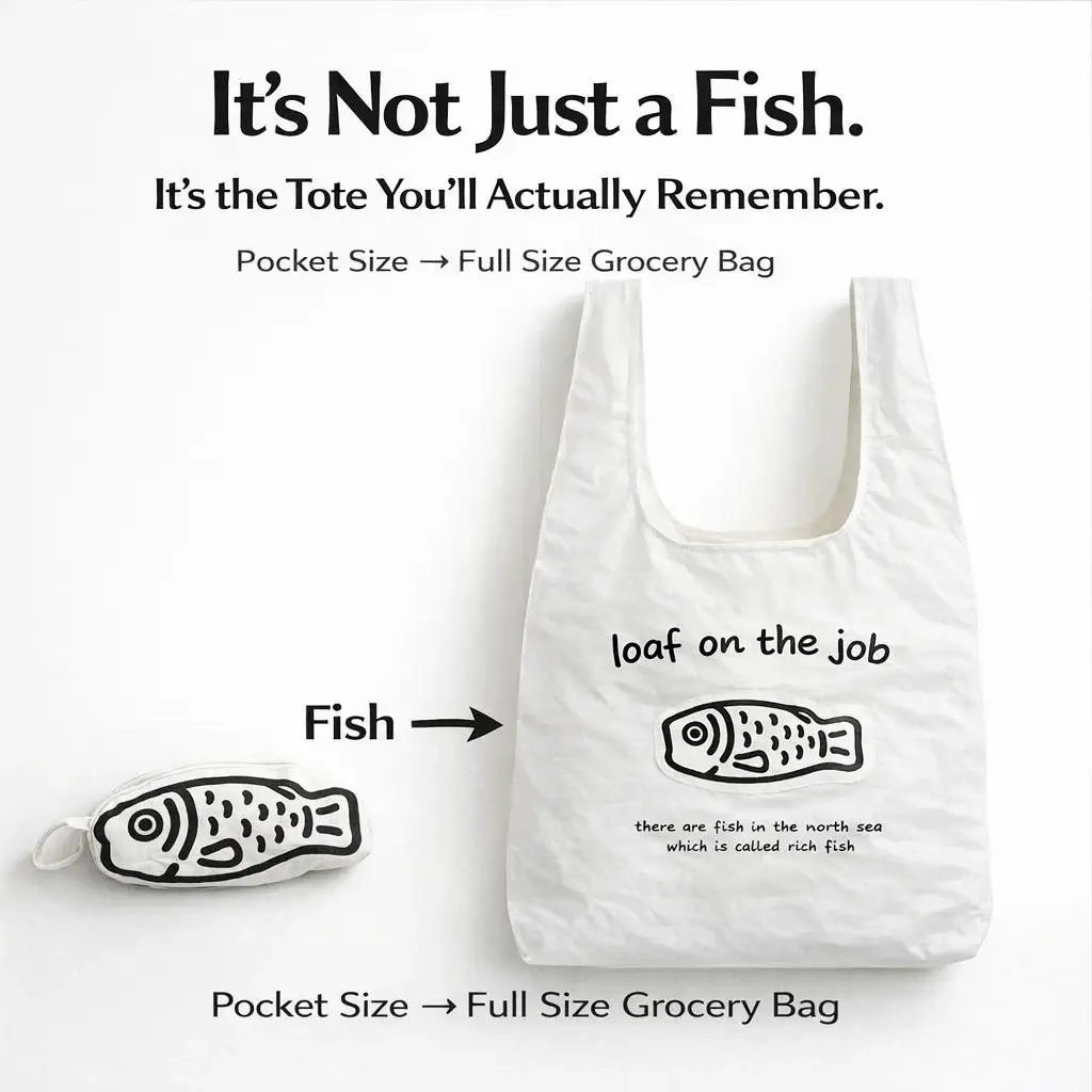 Pocket Fish Foldable Reusable Shopping Bag, Compact Portable Tote Bag, Lightweight Nylon Grocery Bag, Eco-Friendly Foldable Shoulder Tote, Large Capacity Travel Storage Bag Compatible with Daily Grocery Shopping, Travel, Outdoor Use, Supermarket Essential