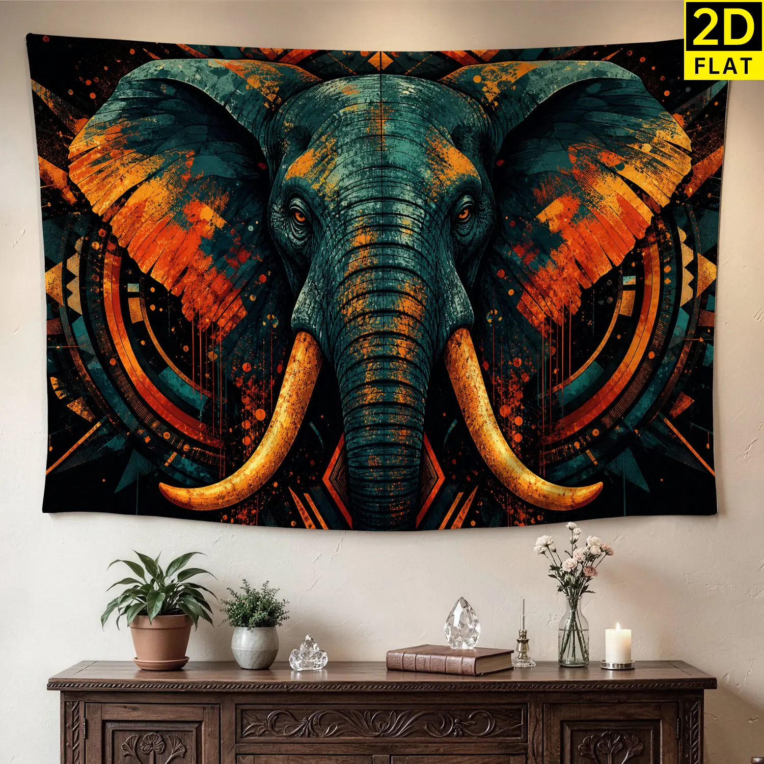 Abstract Elephant Tribal Art Wall Tapestry - Large Horizontal Polyester Wall Hanging, High-Def Print, Colorfast Decor Artwork for Living Room, No Installation Required, Indoor-Outdoor Room Decor Gift for Loved Ones