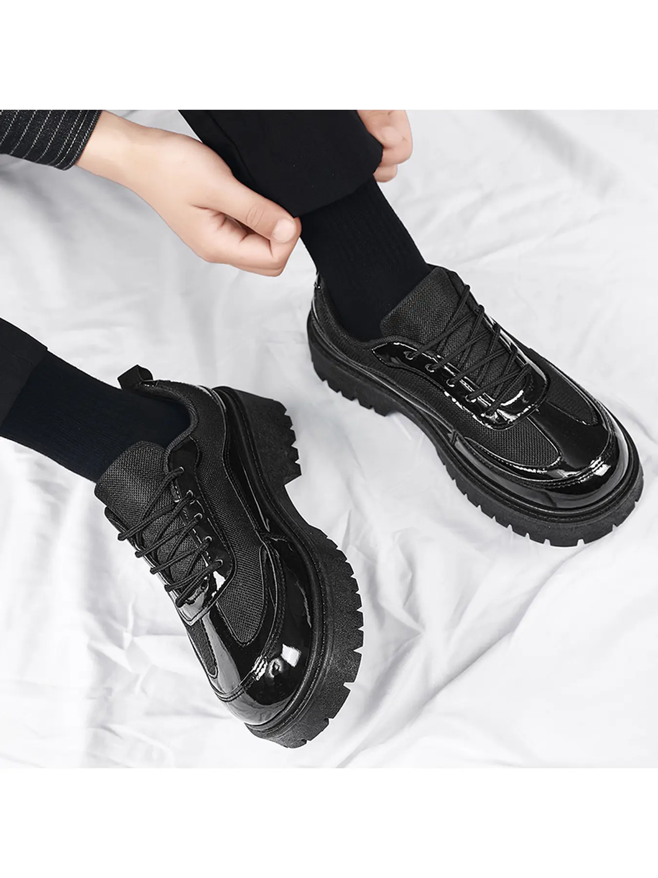 Men's Black Platform Oxford Shoes, Patent Leather Mesh Spliced Lace Up Chunky Sole Casual Dress Shoes, Non Slip Height Increasing Gothic Loafers, Flatform, PU Leather Footwear