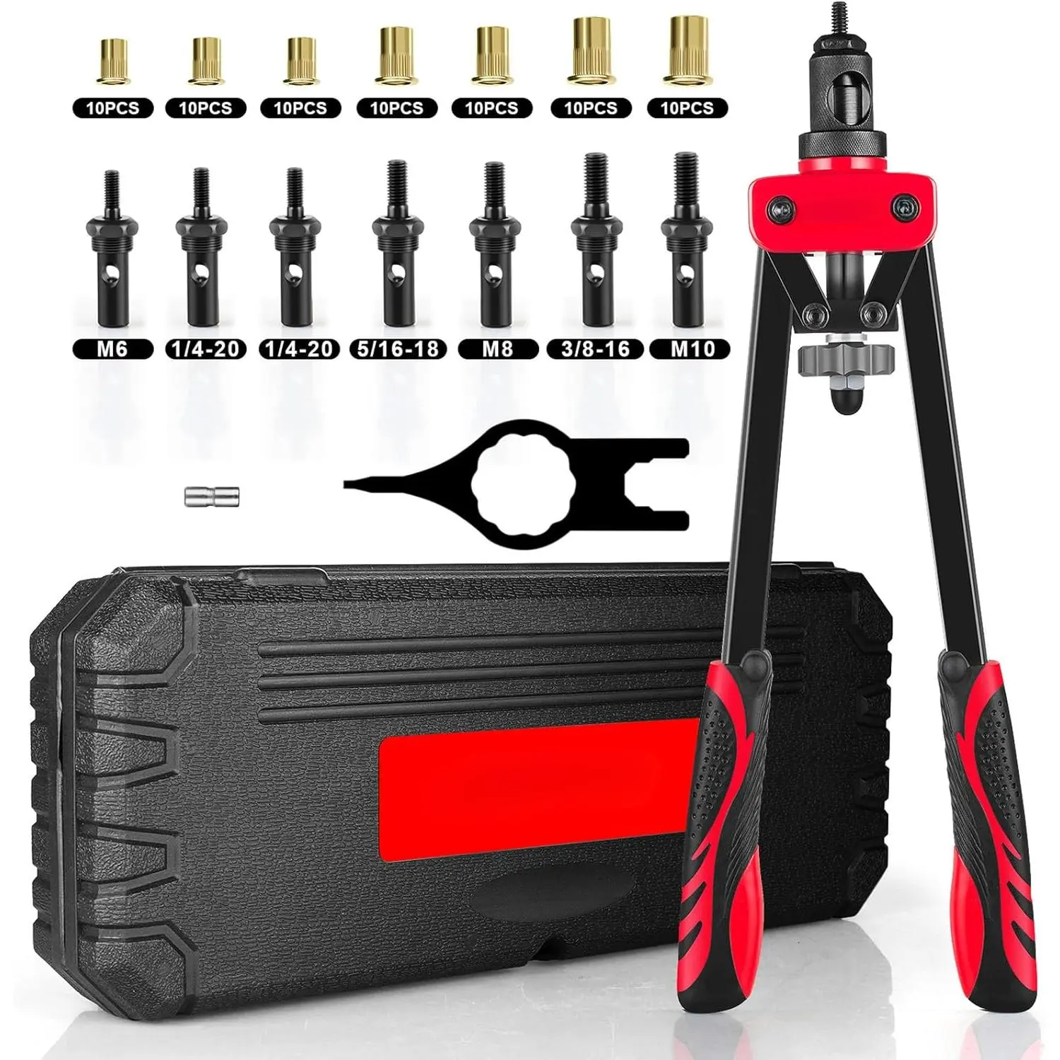 Rivet Nut Tool Kit, 14-Inch Rivnut Tool with 7 Metric and SAE Mandrels, Professional Hand Riveter with 70Pcs Rivnuts Assortment Kit, Manual Rivet Nut Gun with Rugged BMC Case