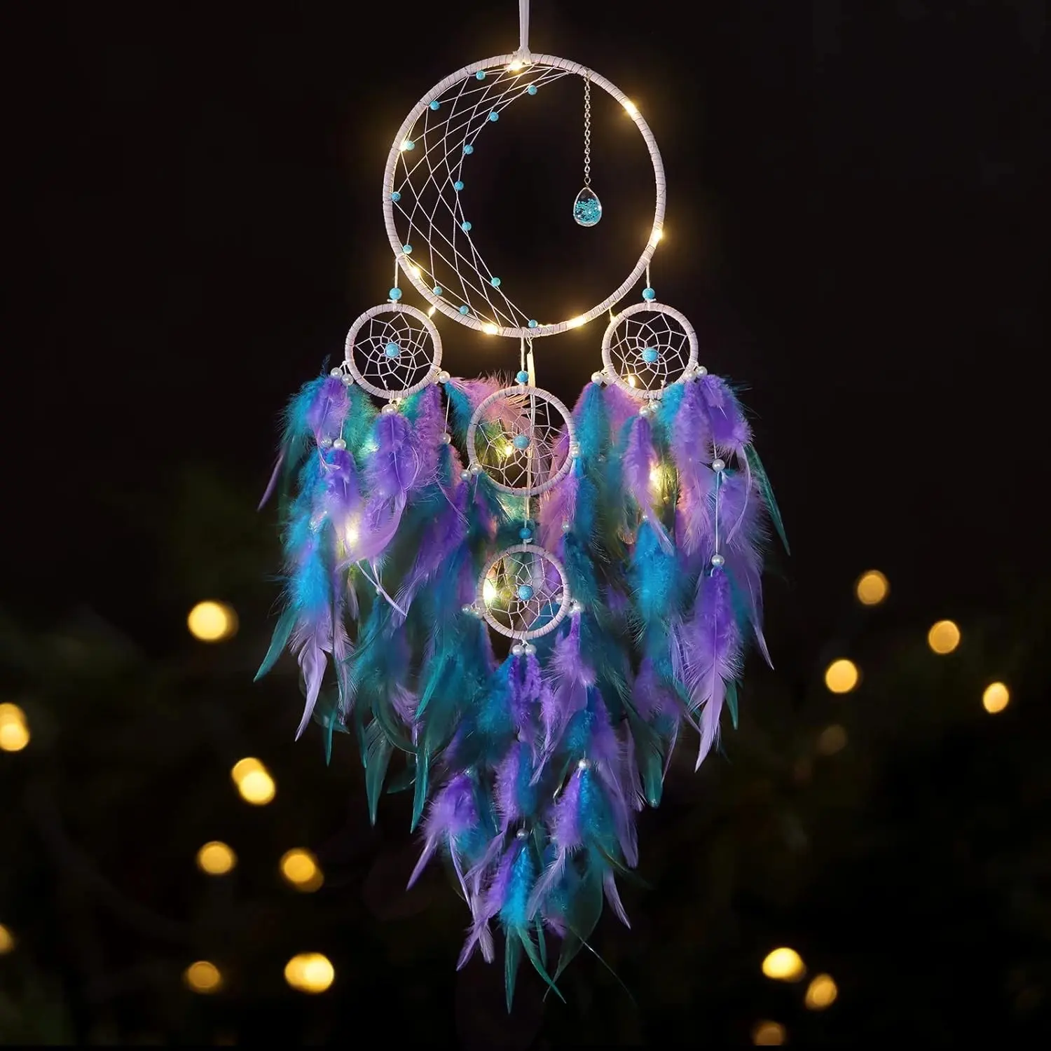 KHOYIME LED Light Up Half Circle Moon Dream Catcher, Handmade Feather Dreamcatcher with Lights, Bohemian Bedroom Home Decor Wedding Ornament Craft Gift (Purple&Blue)