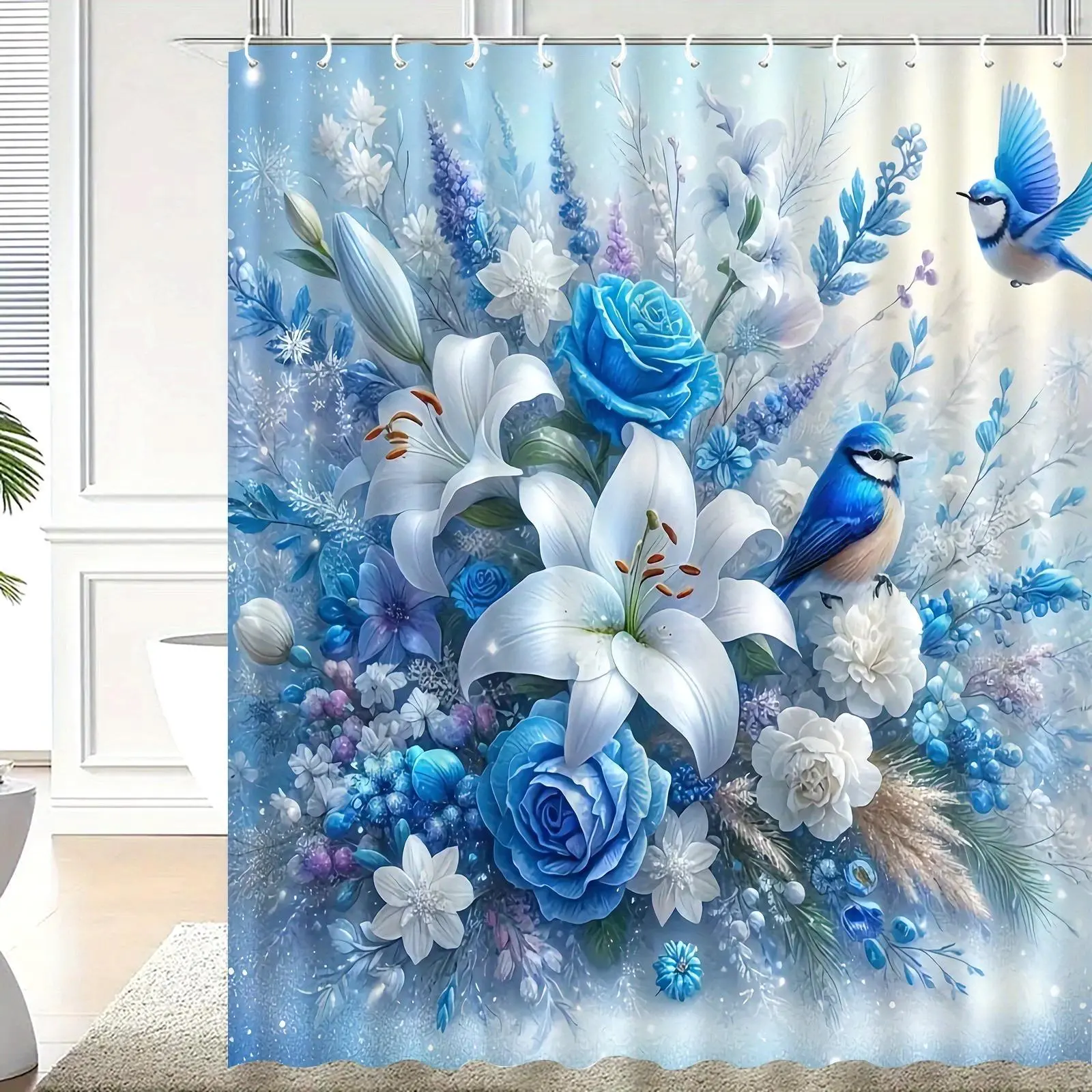 1 blue floral shower curtain with hooks for bath fencing - elegant rose, lily and bird plant motifs, machine washable, all-season bathroom decor for privacy and style, Aesthetic Shower Curtain