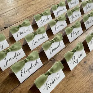 50Pcs Premium Place Cards, Small Table Cards with Green Ribbon, 2" x 3.5" Tent Name Card for Wedding, Valentines Day, Table, Dinner Parties, Seating Card