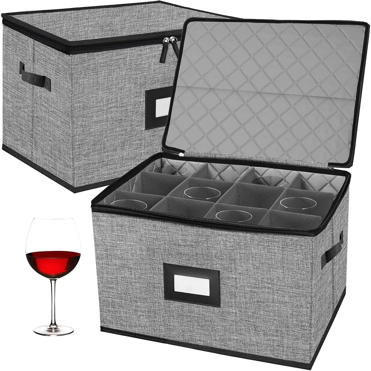 2PACK Quilted Wine Glass Storage Box, Hard Shell Storage Containers, Moving Boxes, Stackable Stemware Storage Cases for Organizing Moving Supplies