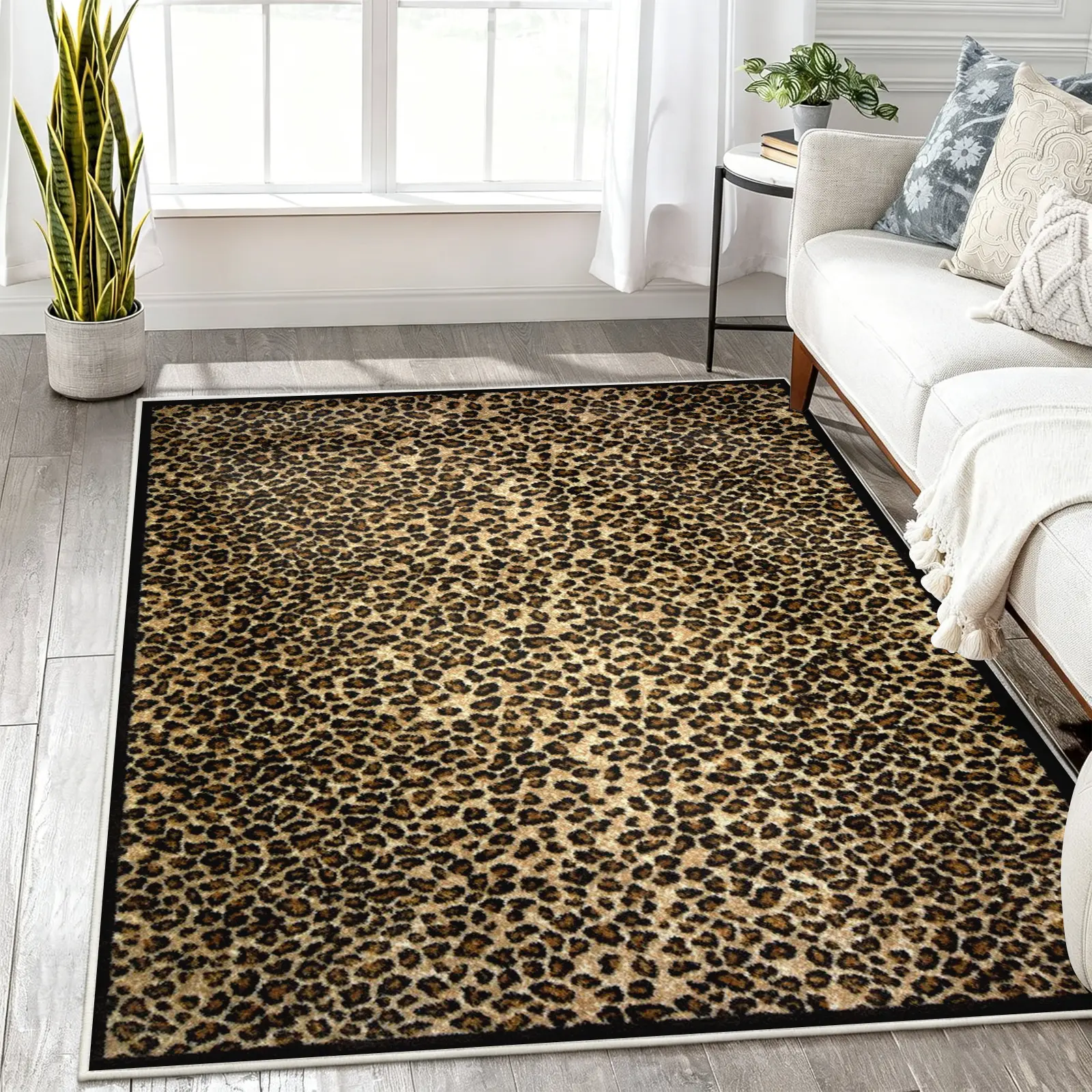 8x10ft Leopard Print Area Rug, Classic Animal Pattern Black Border, Non-Slip Machine Washable Soft Faux Cashmere Carpet, Stain-Resistant Floor Rug for Living Room Bedroom Decor, Home Decor