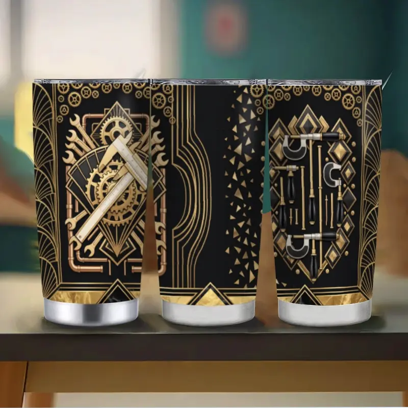 Sturdy Lightweight Classic Stainless Steel Insulated Cup - Vintage Steampunk Industrial Gear & Tool Flasks with Straw, Gold Art Deco Travel Cup for Hot/Cold Drinks, Ideal for Workshop, Gift for Mechanics, Beverage