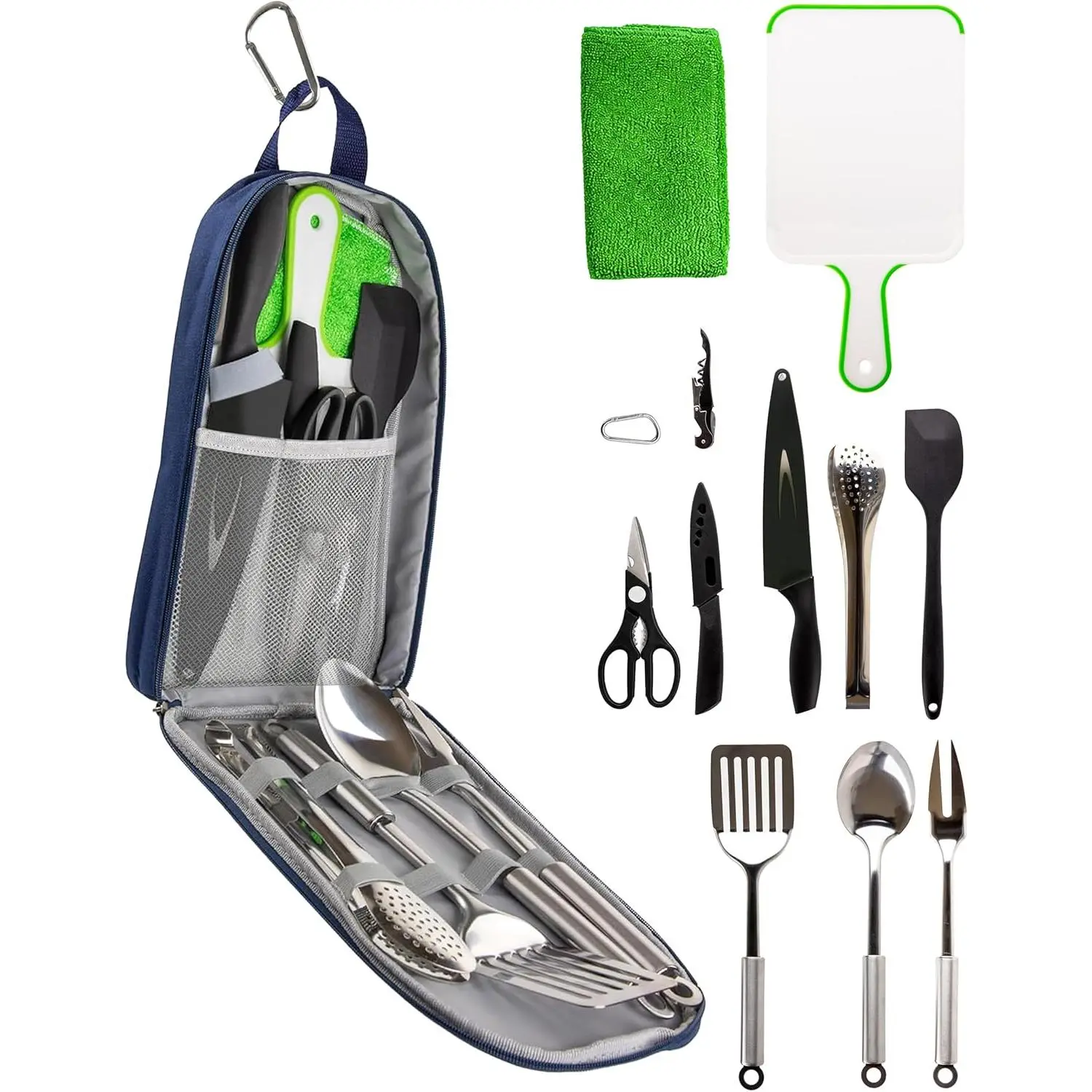 Unisex 12-Piece Stainless Steel Outdoor Cooking Utensil Set, Easy Clean Functional Kit with Portable Compact Carry Case for Camping, Hiking (Navy Spoon & Fork, Outdoor Kitchen Gear)