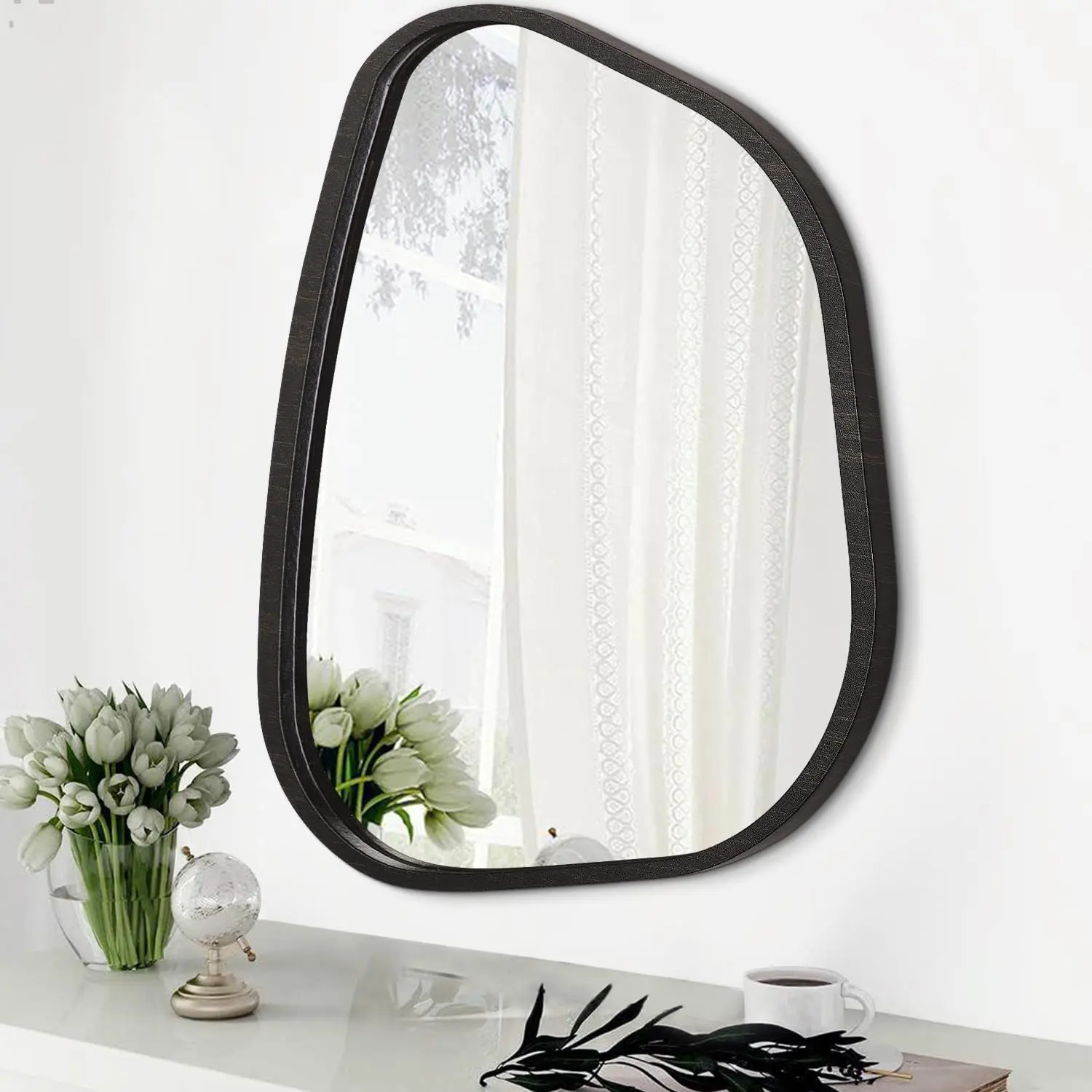 Asymmetrical Small Irregular Wood Frame Modern Unique Wavy Wall Mirror Decorative Accent Mirror for Vanity Bathroom Living Room Bedroom Entryway Hallway 16"x12"