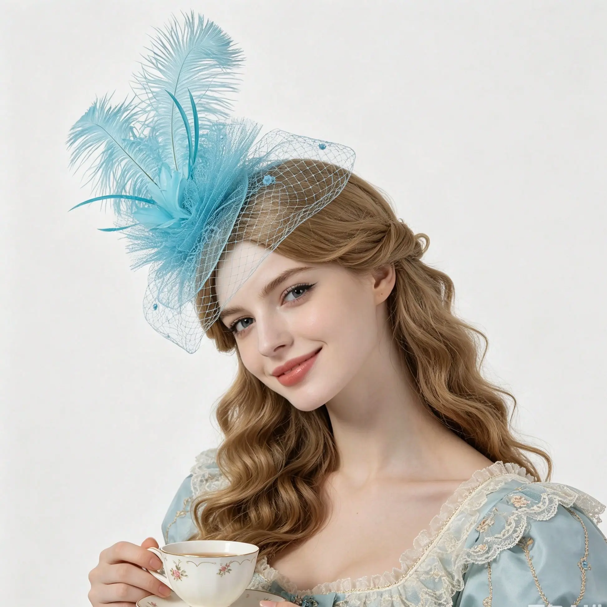 Sky Blue Fascinator Headpiece for Women, Mesh Feather Accents Hats with Rhinestones, Dual-Use Hair Clip for Bridal Weddings & Tea Parties