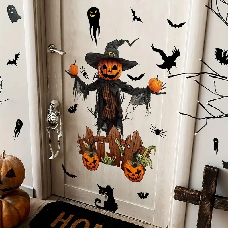 Halloween Pumpkin Strawman Bat Ghost Wall Stickers, Decoration Sticker, Modern Style Self-Adhesive PVC Horror Theme Set, Removable Home Decor
