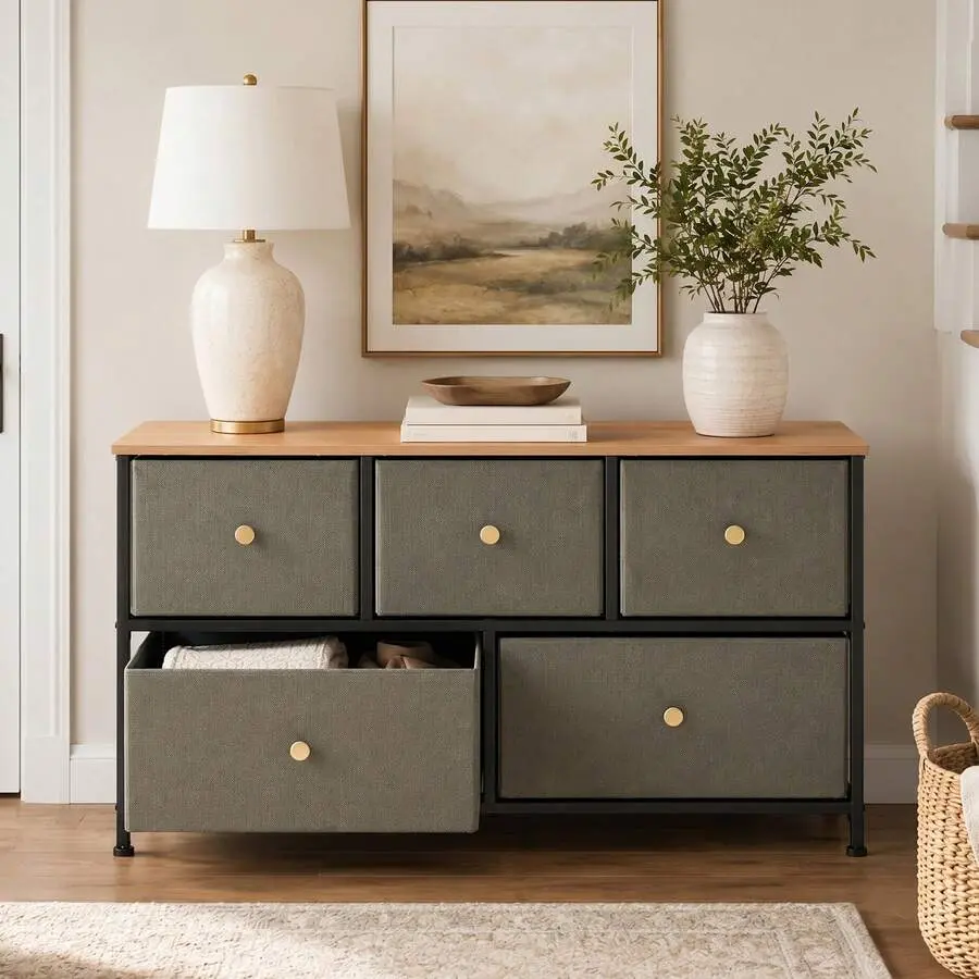 Wide Dresser For Bedroom, 5 Drawer Chest Of Drawers, 5 Roomy Fabric Drawers, Wide Storage Design, Bedroom Or Closet Use, Sturdy Steel Frame, Smooth Wood Tabletop,chabuildreark,farmhouse,coffee bar cabinet,lockable,,,unit,,jewelry,armoire,,wooden,organizer