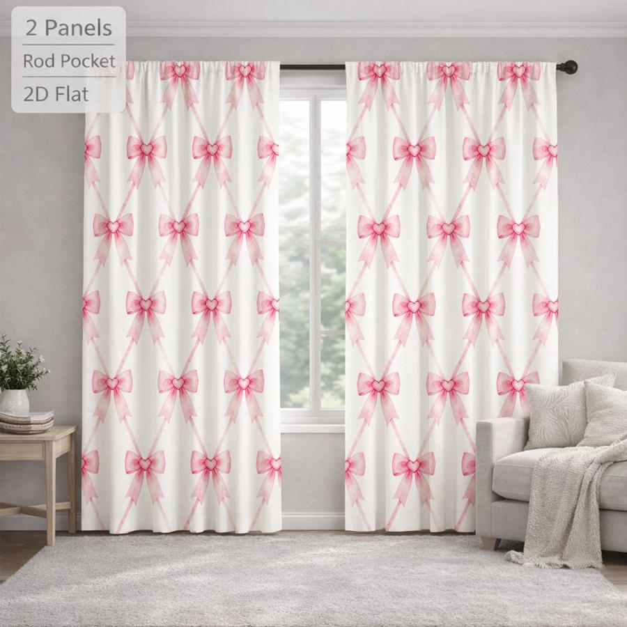 2Pcs Cute Pink Bowknot Pattern Curtains Digital Printed Rod Pocket for Bedroom Office Kitchen Living Room Study Home Decor Soft Light Filter Easy Installation