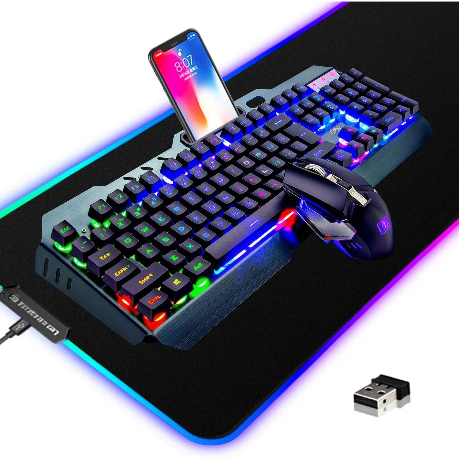 Gaming Keyboard and  Combo,3 in 1 Rainbow LED Rechargeable Keyboard  with 3800mAh  Metal Panel,10 Colors RGB Gaming  Pad (32.5x12x0.15 inch),7 Colors Mute Gaming