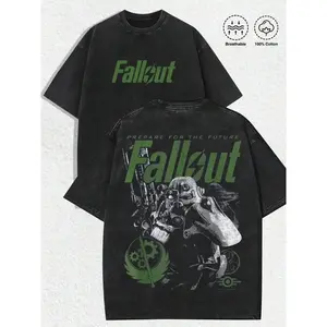 Fallout Vintage Distressed Washed Black Tee Brotherhood of Steel Power Armor Graphic Unisex Oversized 100 Cotton Short Sleeve Top Retro Gaming Streetwear Casual Daily Outfit Gift for Wasteland Game Fans