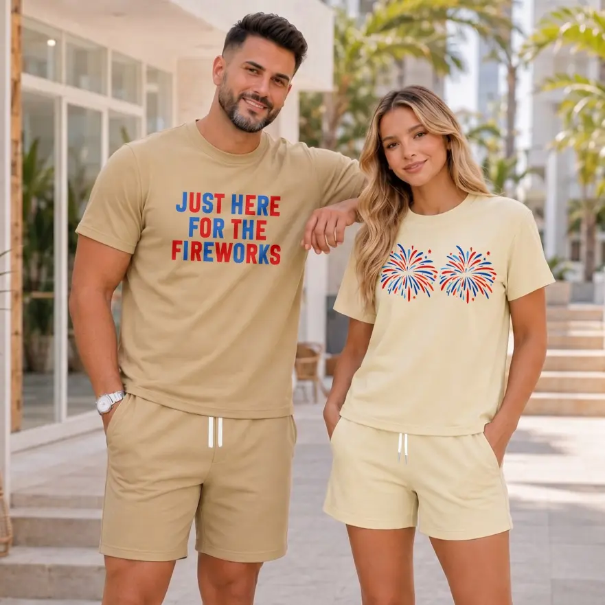 Couples Matching 4th of July Graphic T-Shirt and Shorts Set, Independence Day Fireworks Print Two Piece Outfit, Casual Summer Short Sleeve Tee and Drawstring Shorts for Game Day, Streetwear, Vacation, Couple Photos, and Daily Wear