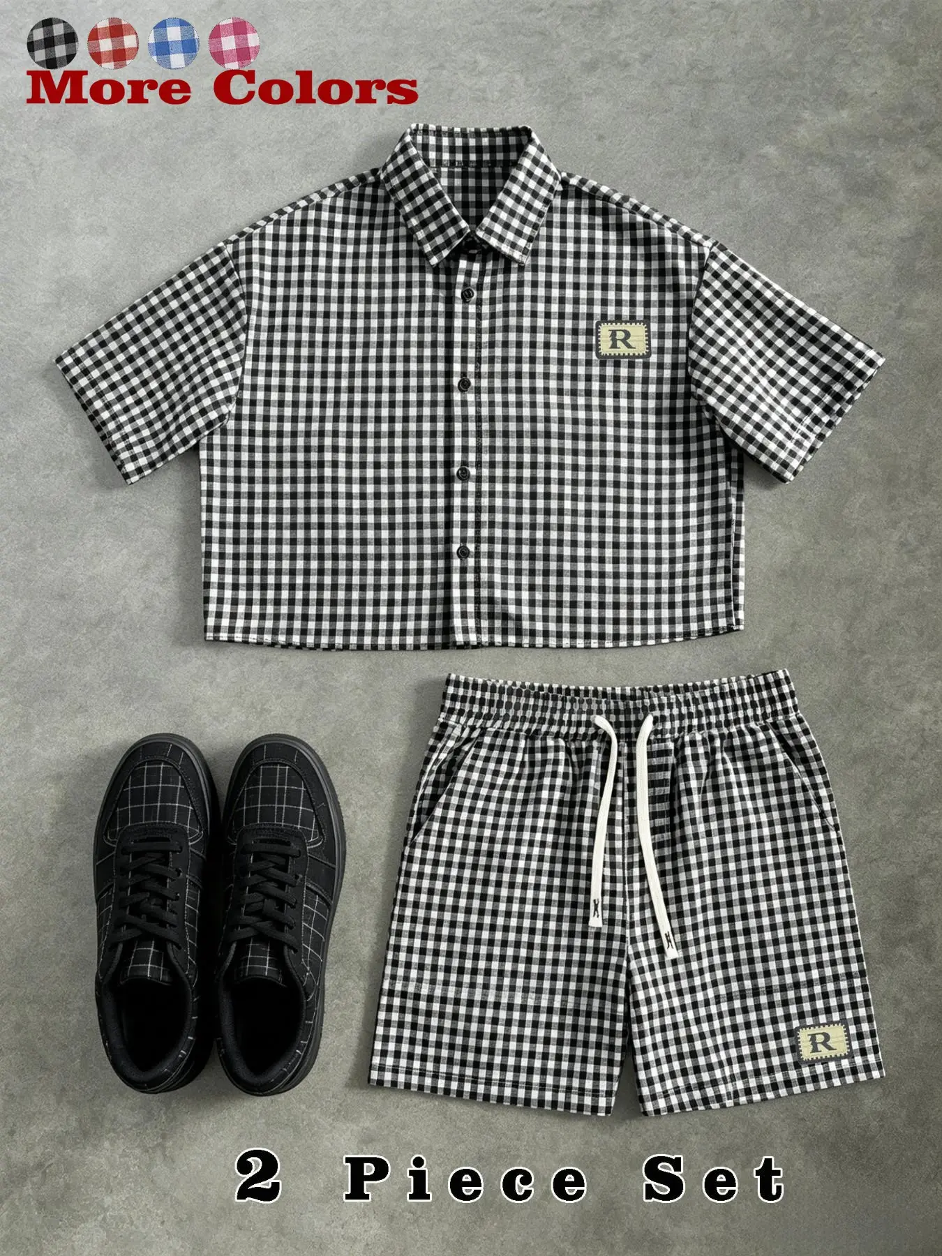 Men's Checkered Two-Piece Set, Button Shirt + Drawstring Shorts, Loose Breathable College Style, Retro Y2K Streetwear