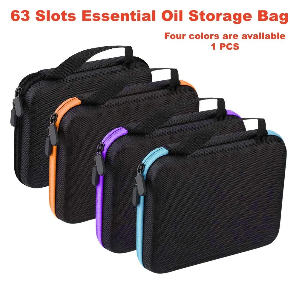 63 Slots Essential Oil Storage Bag, Essential Oils Carrying Case fit DIA:0.63 in/16 mm Oil Bottle, 1-3ml 63 Slots Hard EVA Shell Essential Oils Storage Organizer Bag with Foam Insert and Carrying Handle