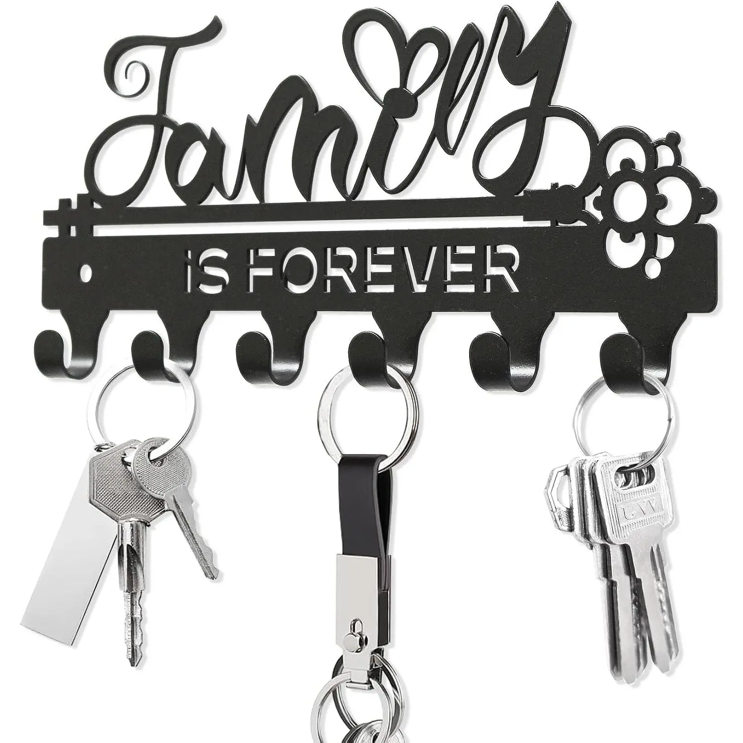 "Family Is Forever“Mini Key Holder Wall Mounted, Black Metal, 18.5x8.5cm | Decorative Key Rack Hooks, For Garage, Mudroom, Hallway, Entryway, Front Door, Office