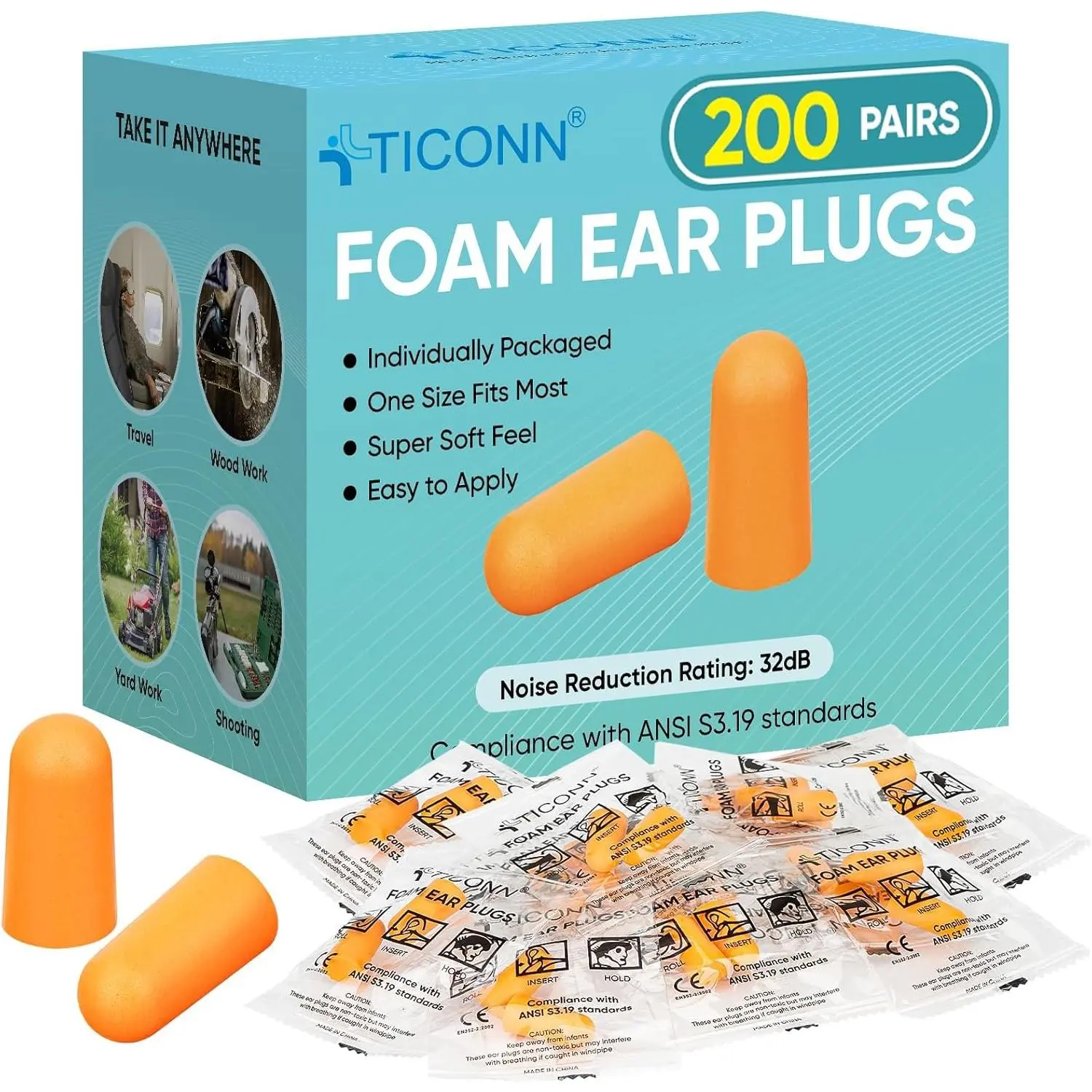 Disposable Ear Plugs, 100 Pairs Soft Foam, 32dB NRR Hearing Protection for Sleeping, Work, Travel - Individually Wrapped with Ergonomic Design, Water-Resistant & Compressible for Adults