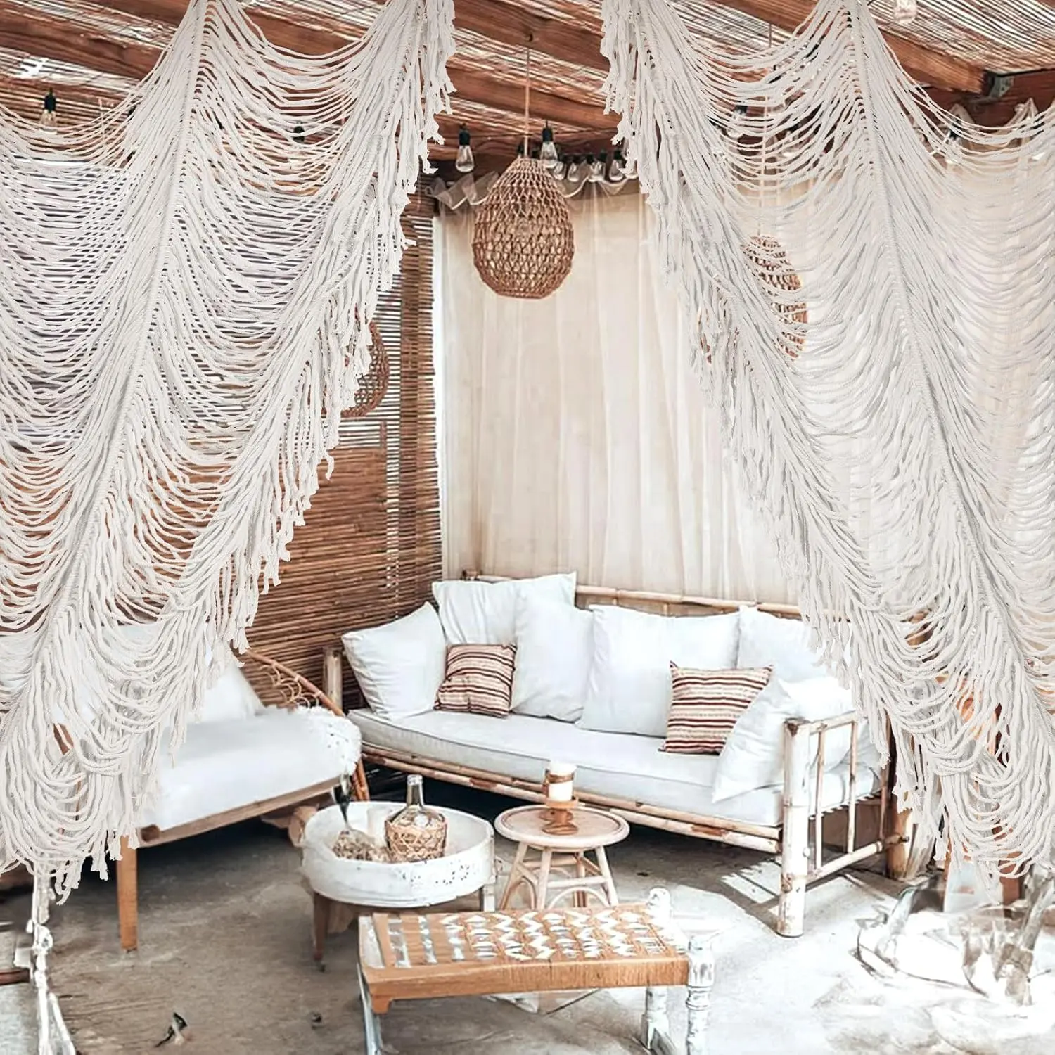 Boho Macrame Curtains  Curtain, White, 1 Panel -75" L x 59" W | Tassels Doorway Window Wall Decor, Art Craftsmanship Room Divider Wall  for Bedroom, Living Room, Doorway, Wedding