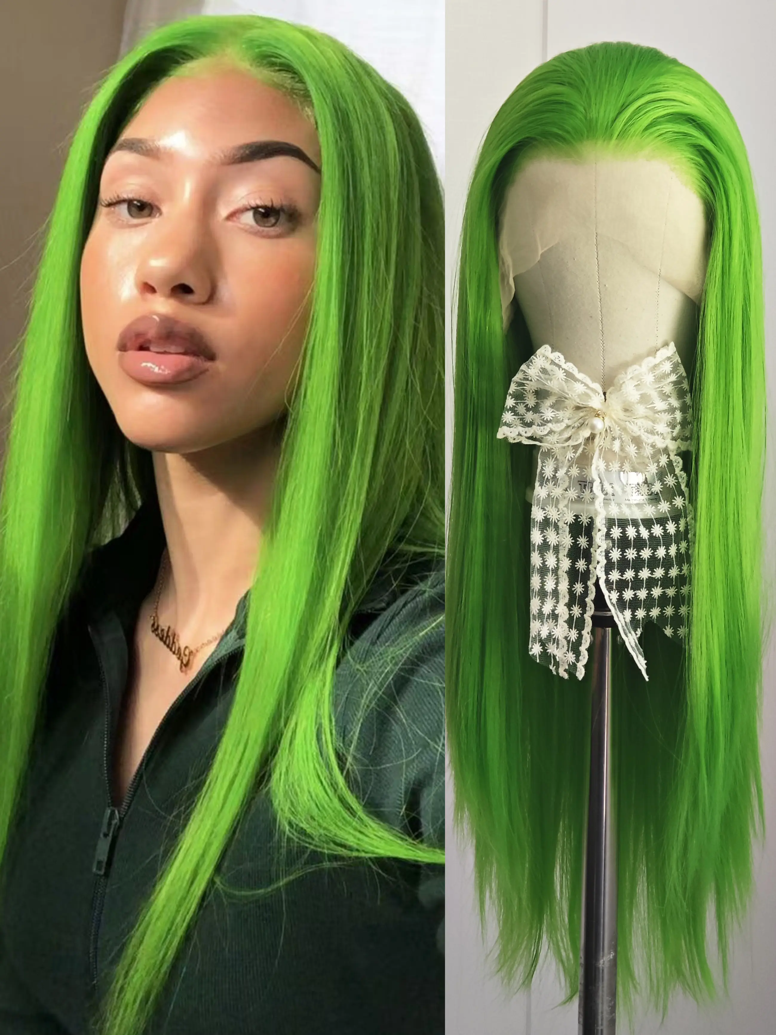 Green Hair Long Straight Synthetic Wig Free Part Heat Resistant Fresh Green Color Lace Front Wigs High Quality Natural Hairline Green Hair for Women Men Cosplay Party Use Synthetic Fiber Wigs