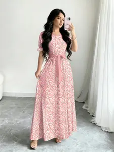 Women's Chic Fashion Print Dress, Round Neck Short Bubble Sleeve, Waist Belted Long Skirt, Elegant Summer Dress, Stylish Women's Clothing