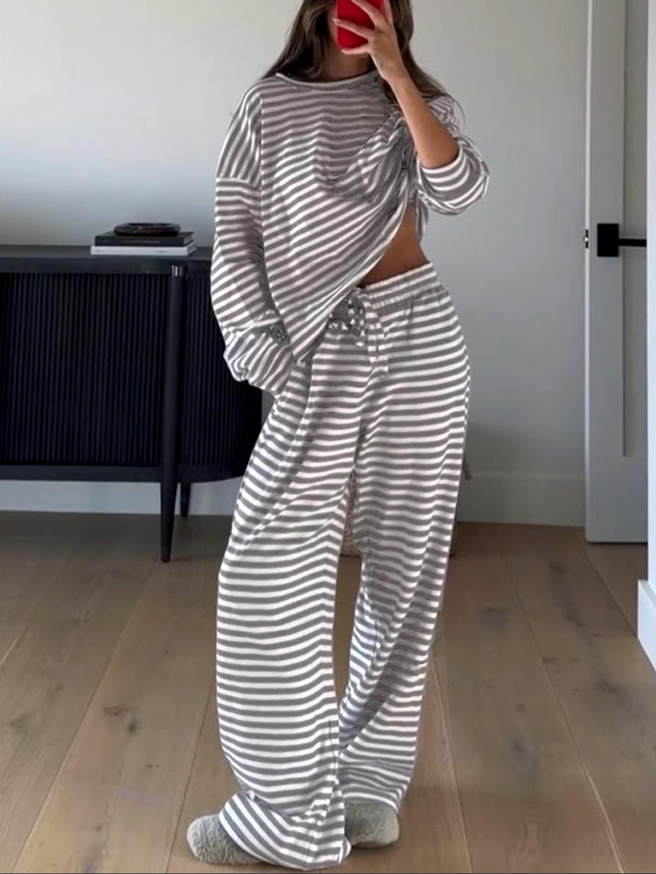 Women's Casual Striped Long Sleeve Top & Pants Set, Comfortable Loose-Fitting Home Wear, Fashionable Two-Piece for Daily Use