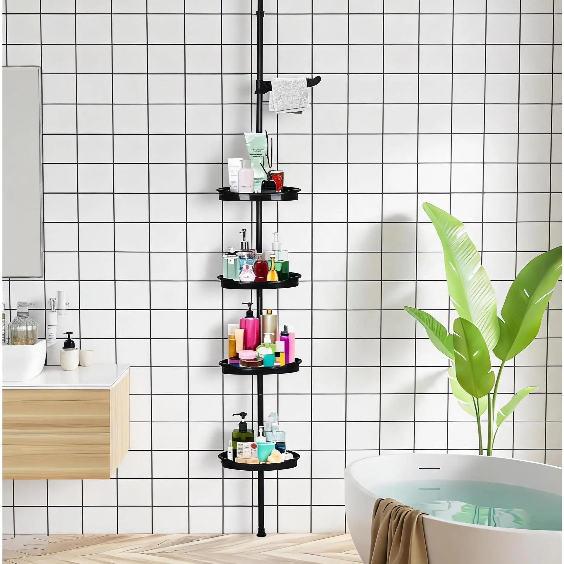 Garvee 4‑Tier Adjustable Corner Shower Tension Pole Caddy, Rustproof No‑Drill Bathroom Shelf, Fits 39‑122 Inches Height For Shower And Bathtub