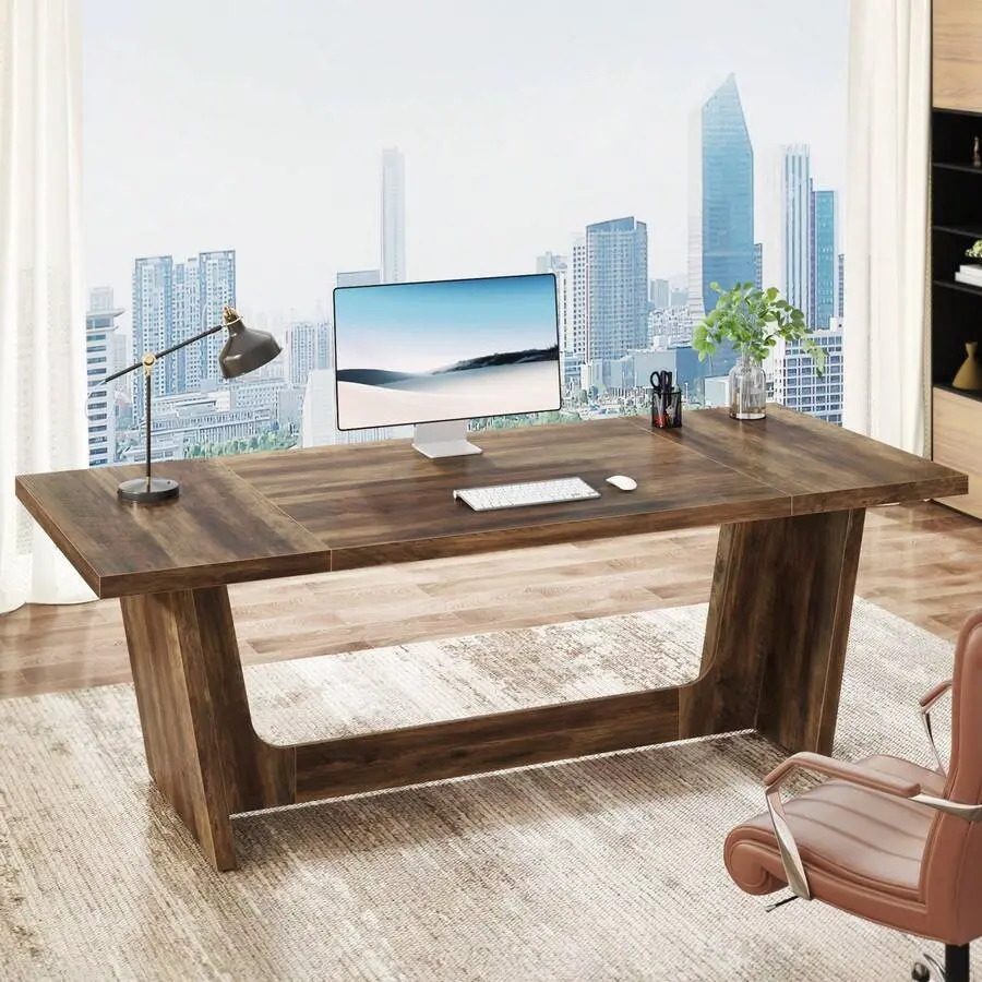 6FT Conference Table, 71-Inch Large Executive Rectangular Meeting Table Office, Sturdy Business Desk With Solid Wooden Pedestal, Industrial Seminar Table