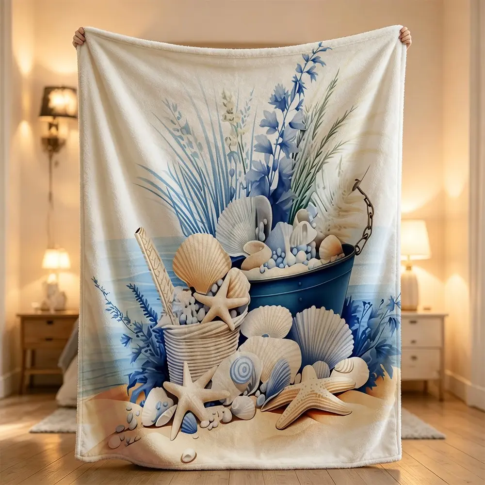 Beach seashell starfish ocean bucket floral coastal sand decorative cozy Flannel blanket, sofa leisure blanket, bed blanket, Plush Throw Blanket,Cozy Soft Lightweight Blanket,Boho Decorative Throw Blanket