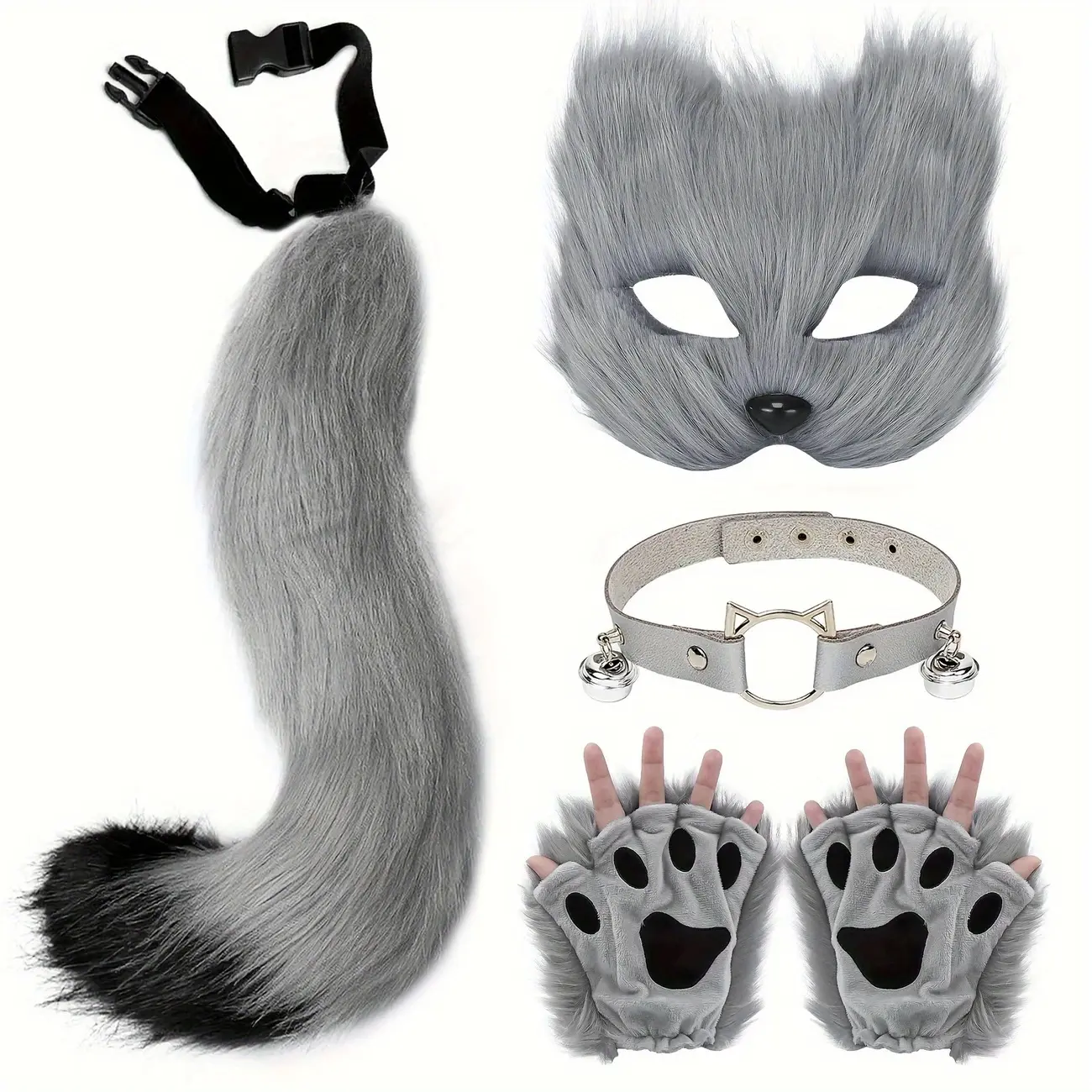[Faux Fox Tail Mask Set] 5Pcs Faux Fox Tail Mask Costume Set - Halloween Cosplay Party Costume Accessories Set Includes Plush Mask, Tail, Gloves, and Collar, Suitable for Dress-up Themed and Fantasy Parties