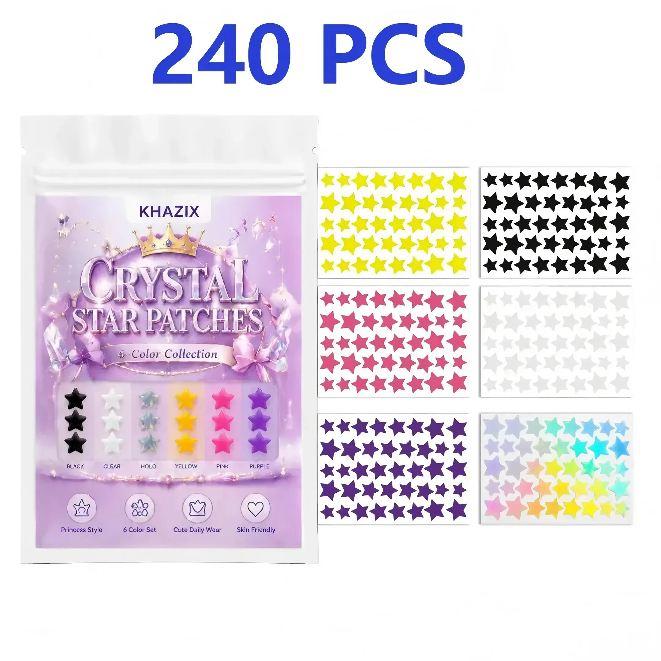 Crystal Star Patches 240pcs, Cute Star-Shaped Hydrocolloid Acne Pimple Patches, 6 Colors, Skin-Friendly, Waterproof Day & Night Pimple Stickers for All Skin Types