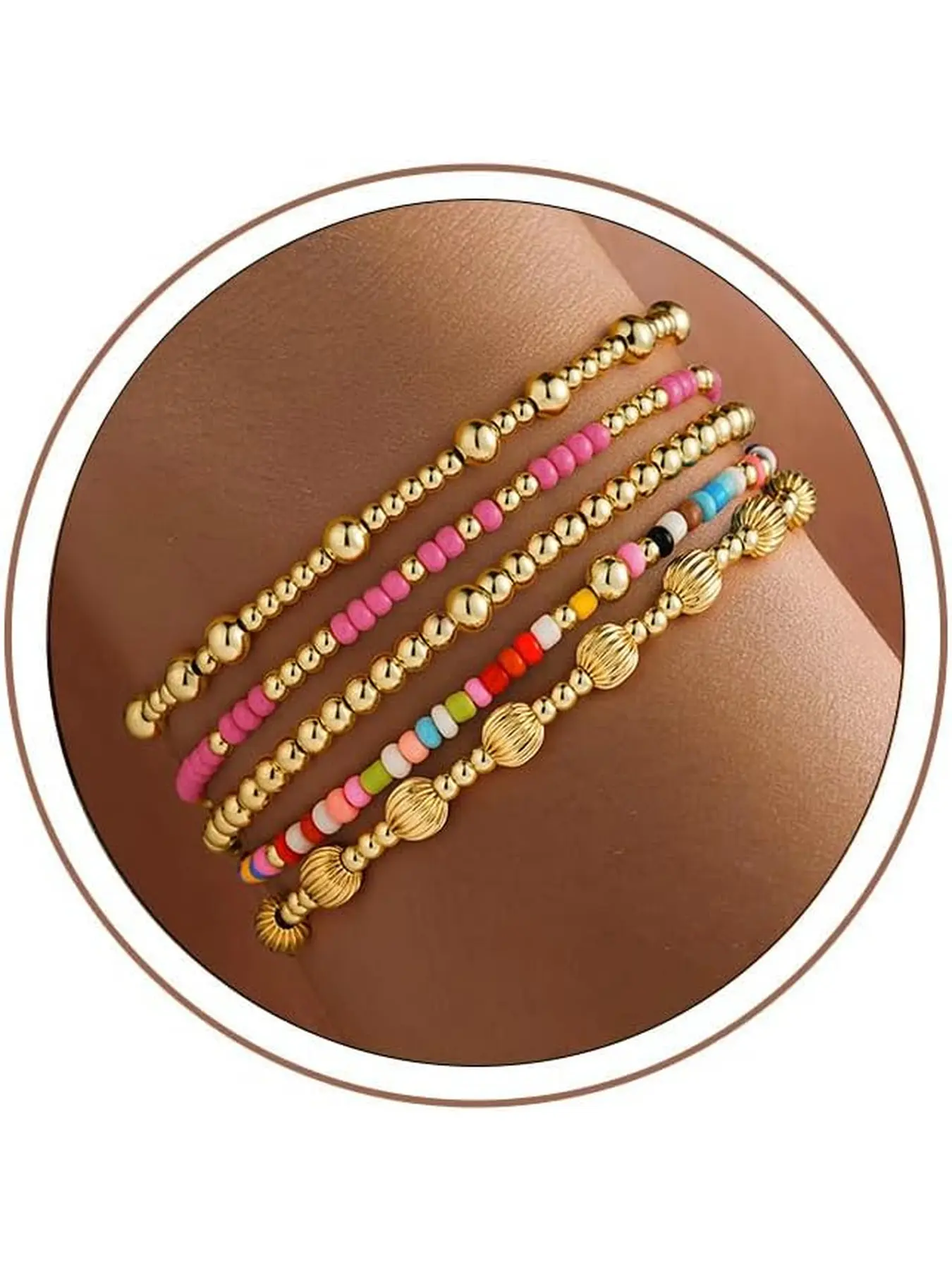 Sets of 5 Golden Beaded Bracelets for Women, Stackable Colorful Round Beaded Bracelet, Gold/ Cross Bead, Pearl Bracelets Set, Beaded Jewelry