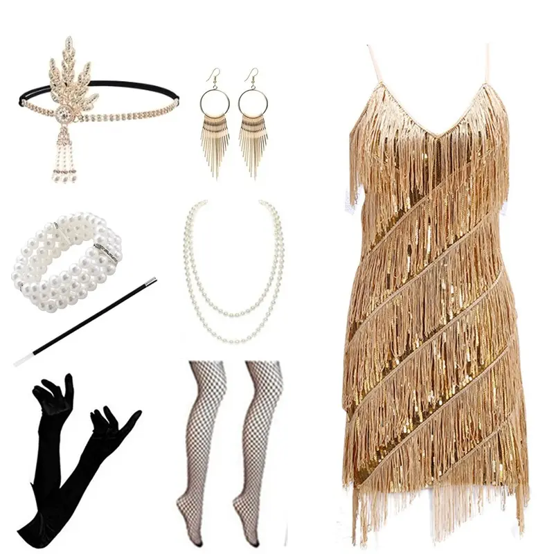 1920s Vintage Sleeveless Fringe Sequin Dress, Women Formal Evening Gown, Retro Party Dress for Banquet & Latin Dance