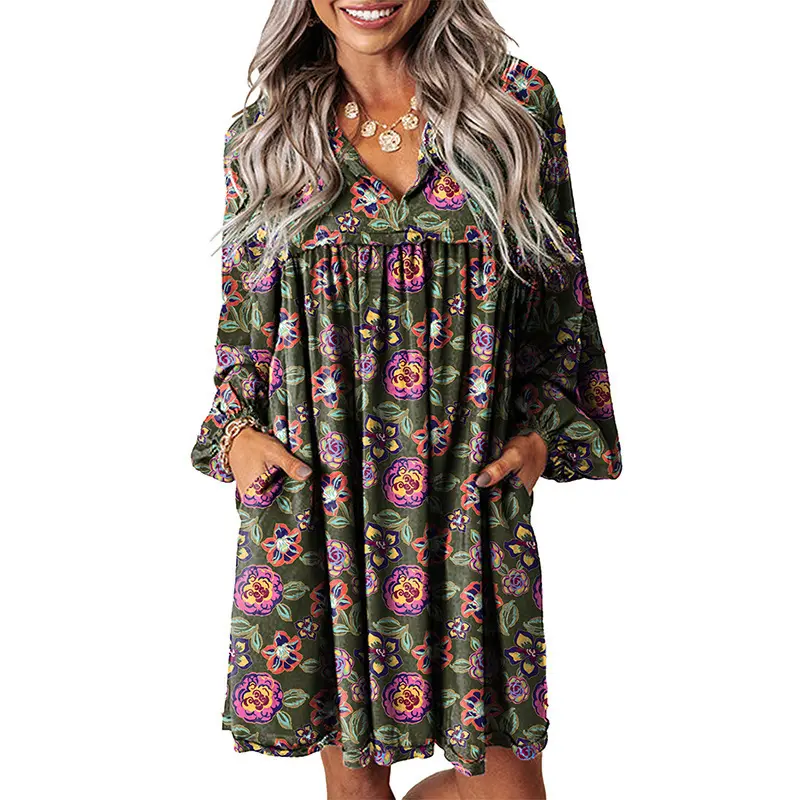 Women's Korean Floral Plants Print V-Neck Long Sleeve Pullover A-Line Mini Dress - Casual, Party Wear for Regular & Plus Size Womenswear