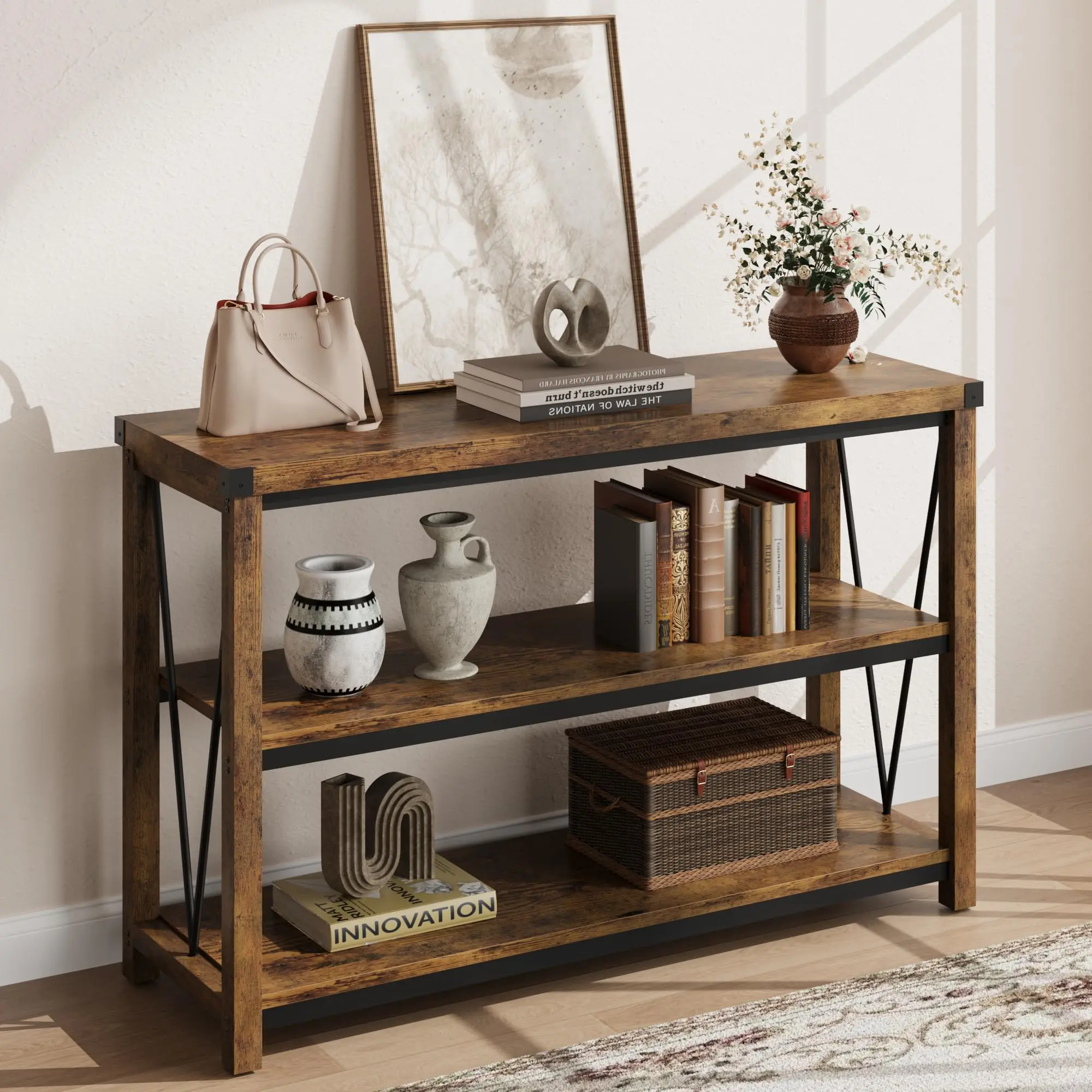 GARVEE47 Inch Narrow Long Rustic Brown Wood Console Table with 3 Tiers for Entryway, Living Room, Hallway, Behind Couch Storage and Display Furniture