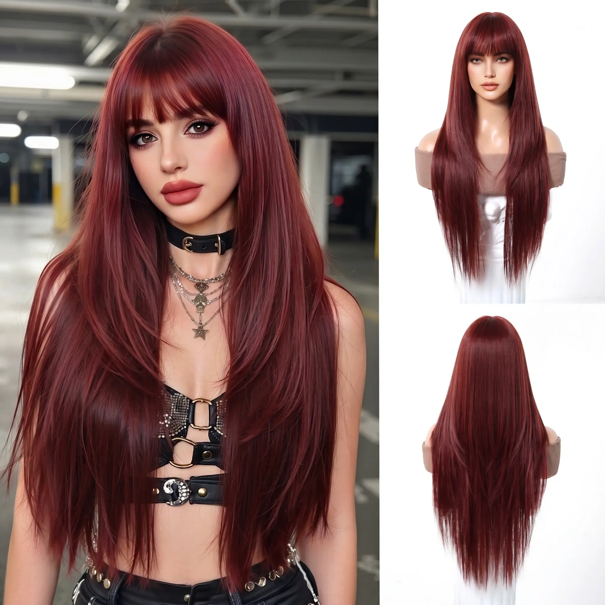 Women's Premium 28in Long Straight V-Cut Heat-Resistant Synthetic Full Machine Wig - Beginner-Friendly, Face-Framing Layered, Wispy Bangs, Everyday Wear