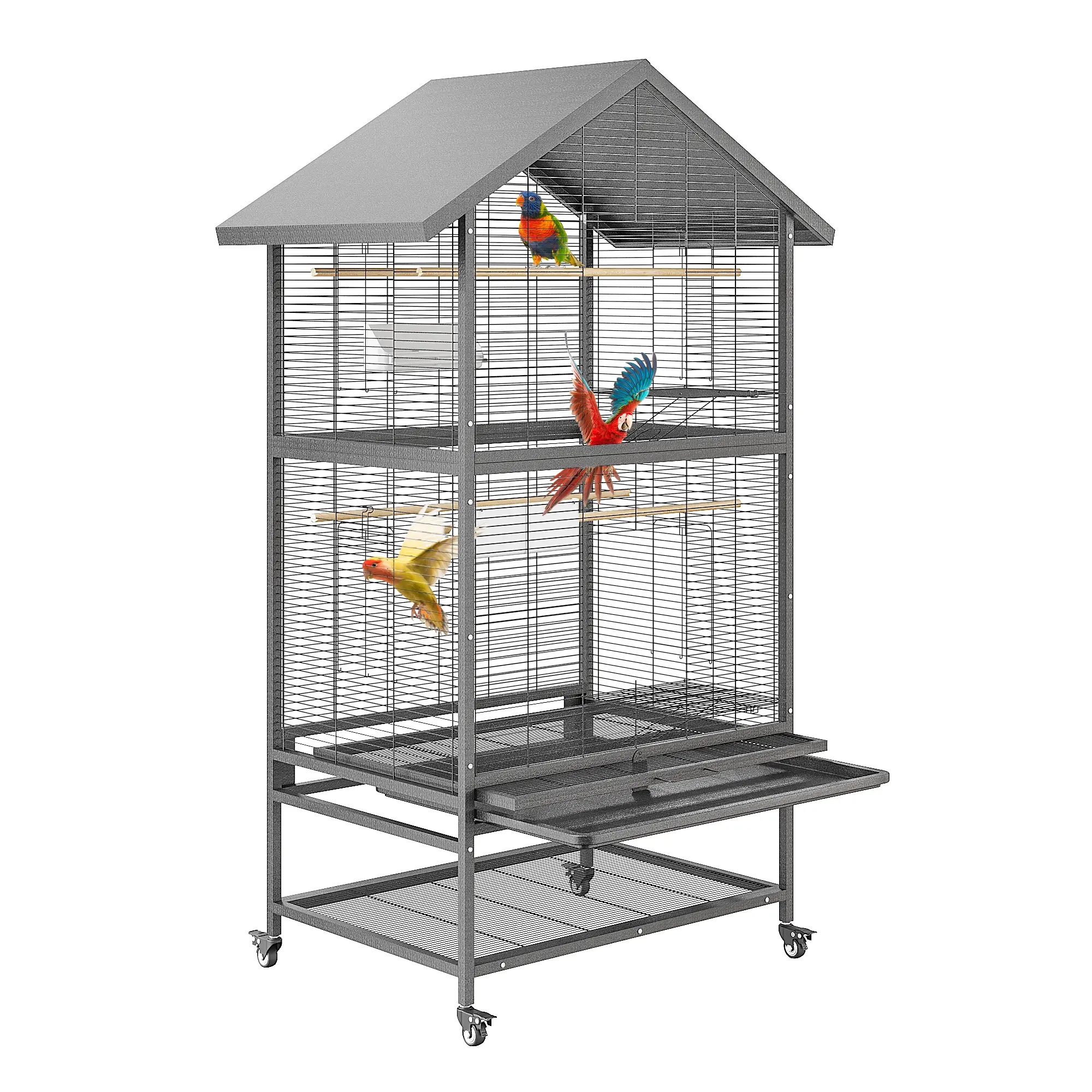 Spacious Parrot Bird Cage with Rolling Stand – Wide Metal Flight Cage with 4 Perches, 4 Feeding Bowls, Pull-Out Tray, 360° Wheels – Durable Wrought Steel for Parakeets, Cockatiels, Conures, Lovebirds, Budgies – Indoor/Outdoor Use