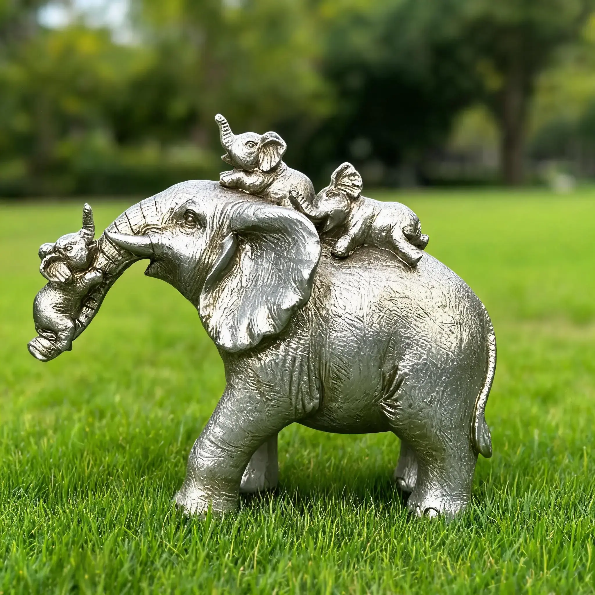 Silver Color Resin Elephant Family Ornament, Mother Holding Three Baby Elephants, Garden, Outdoor and Home Decor, Perfect Gift for Various Occasions