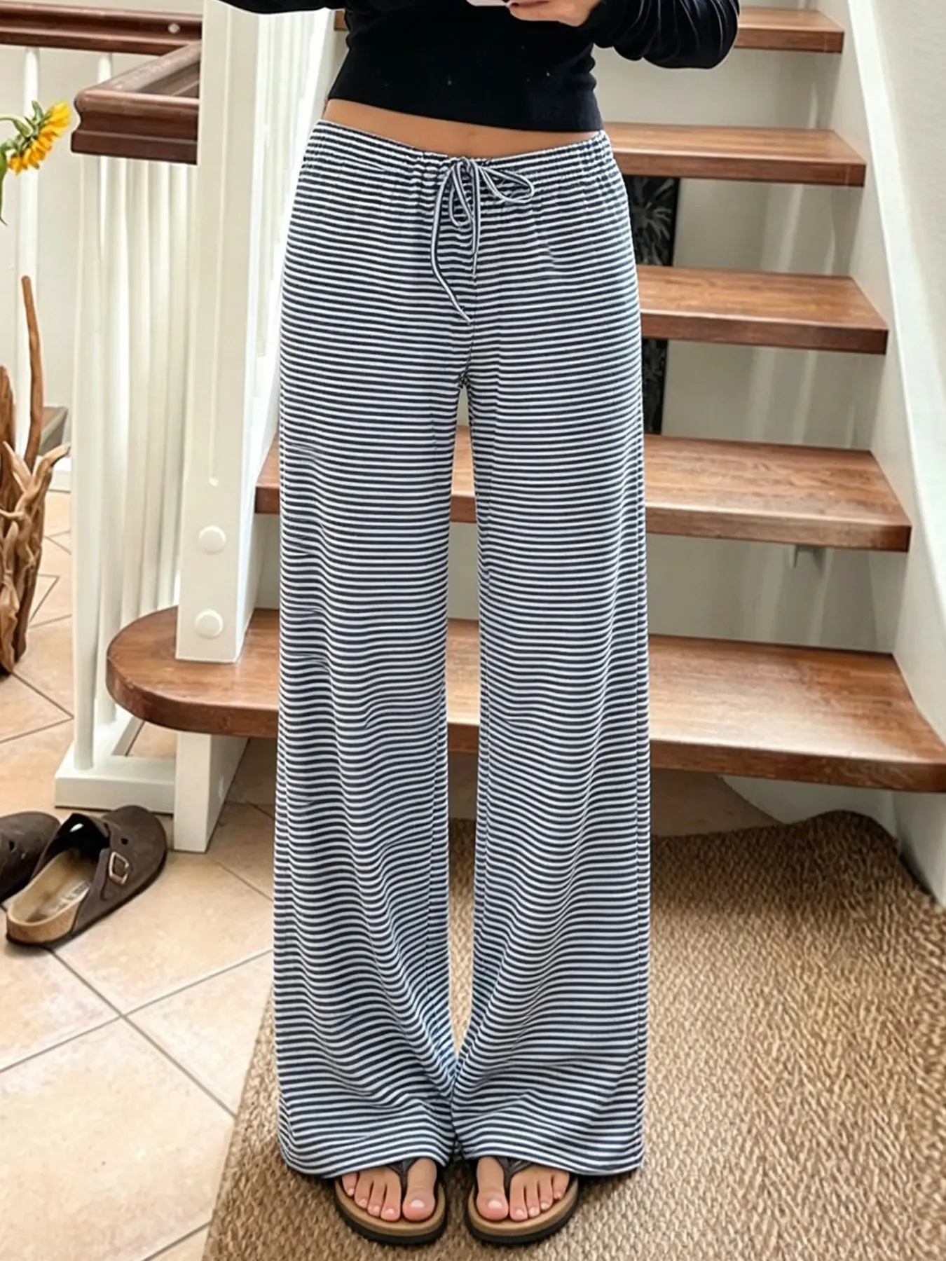 Women's Striped Print Tie Front Wide Leg Pants, Casual Comfy Drop Waist Trousers for Summer, Fashion Women's Bottoms for Daily Wear