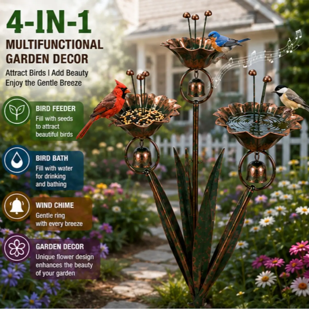 4-IN-1 Metal Calla Lily Garden Stake, Bird Feeder & Bird Bath & Wind Chime Decor, Flamed Copper Handmade Yard Art Sculpture, Rain Catcher Outdoor Ornament Gift for Patio Lawn Backyard, Metal Wind Chimes, Outdoor Garden Accessory