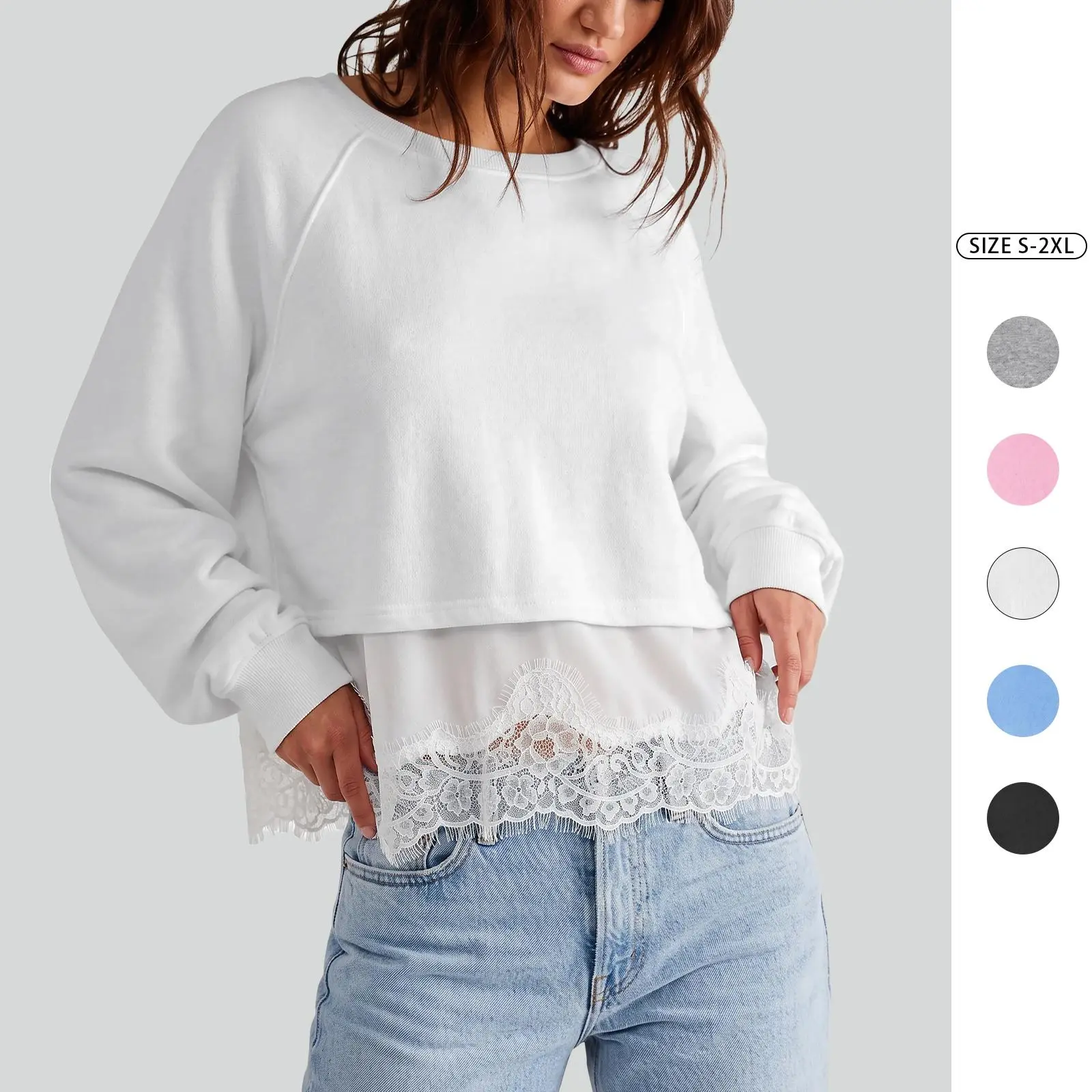 Women’s Lace Hem Layered Sweatshirt – Long Sleeve Crewneck Oversized Casual Pullover Top